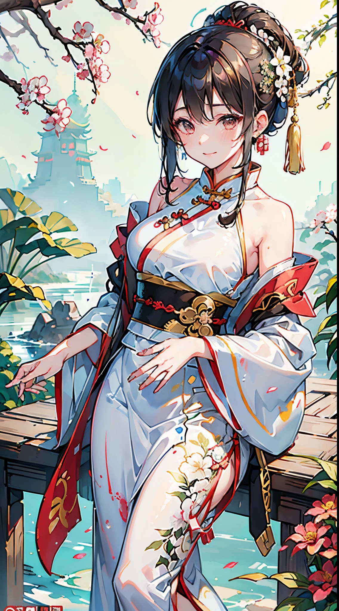 1girl,china_dress,((wash painting)),((ink s...)),print_cheongsam,kind_smile,absurdres,incredibly absurdres,in spring,hanfu,tang style outfits,full_shot,