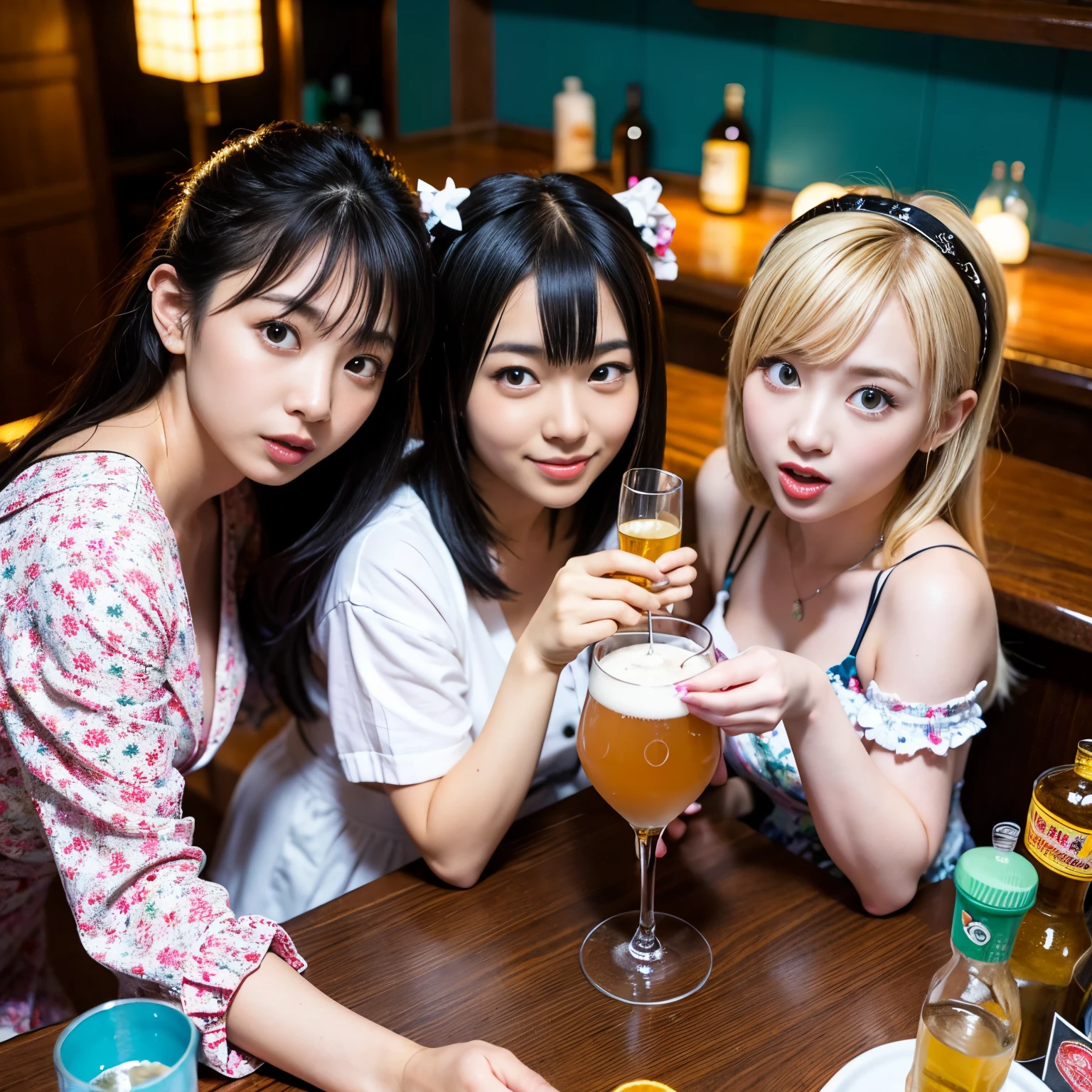 Best-quality, Masterpiece, Ultra-High-Resolution, (Photorealistic:1.4), Raw-Photo, Extremely-Details, Perfect-Anatomy, 

(((at Japanese pub, from above, photo of 3girls having a lot of fun at drinking party))), 

All most popular Japanese idols, all -yeld, alxtremely cute faces,  all extremely beautiful big black solid circle eyes, all extremely beautiful colorful hair colors, all completely drunk and high on cocaine, all wearing cute design clothes, 

all detailed cute face, all detailed extremely beautiful big black solid circle eyes, all detailed extremely beautiful hair, all detailed beautiful realistic skins, all detailed extremely beautiful bodies, detailed cute design clothes, detailed Japanese pub, detailed lots of alcohol and foods on table, detailed illegal drugs a little on table