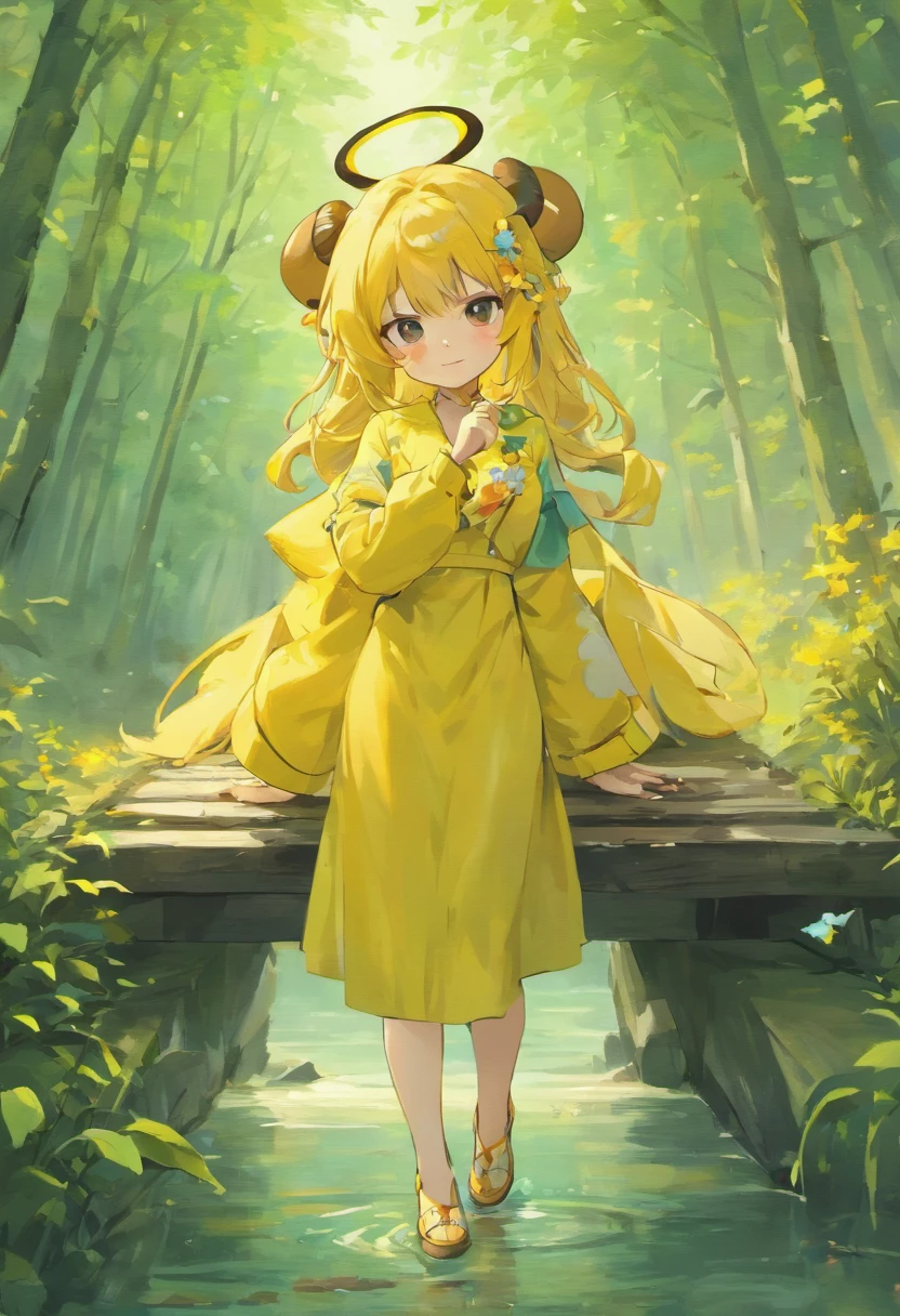 high-definition photograph,wide - angle shot,scenecy,high-definition photograph,A yellow cow walks on a small wooden bridge by the river:1.2,Mountains and rising smoke in the background:1.5.,Both sides of the river are covered with golden rapeseed flowers..,Cow body yellow with two big horns,HD picture,extremly high detail,High-class charm,Fuji Film,ultra-realistic realism,8K high-definition,Super stunning。