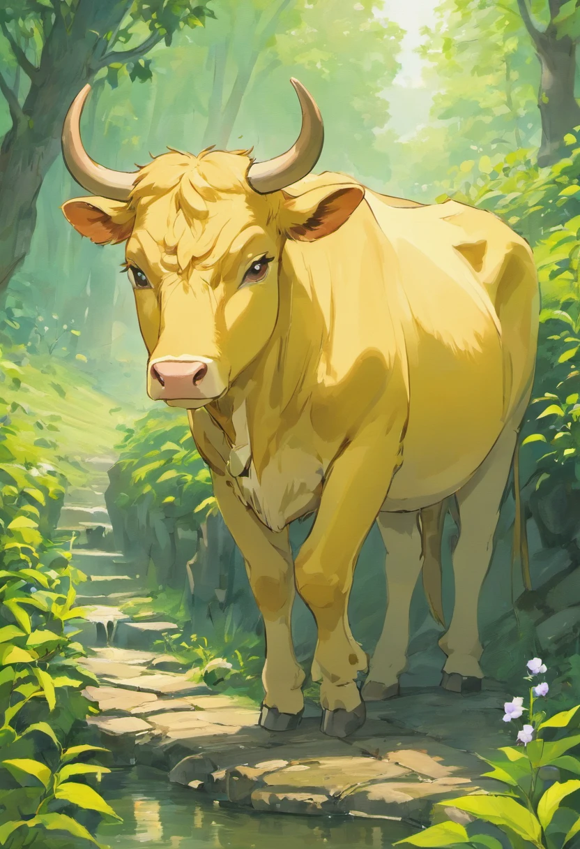 high-definition photograph,wide - angle shot,scenecy,high-definition photograph,A yellow cow walks on a small wooden bridge by the river:1.2,Mountains and rising smoke in the background:1.5.,Both sides of the river are covered with golden rapeseed flowers..,Cow body yellow with two big horns,HD picture,extremly high detail,High-class charm,Fuji Film,ultra-realistic realism,8K high-definition,Super stunning。