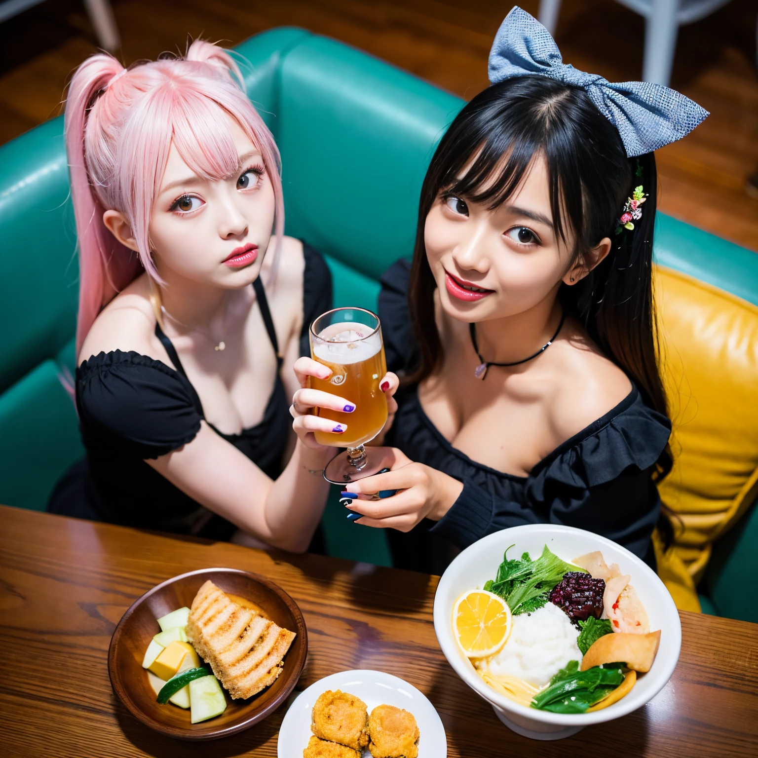 Best-quality, Masterpiece, Ultra-High-Resolution, (Photorealistic:1.4), Raw-Photo, Extremely-Details, Perfect-Anatomy,
(((at Japanese pub, from above, photo of 3girls having a lot of fun at drinking party))),
All most popular Japanese idols, all 15-years-old, all extremely cute faces, all extremely beautiful big black solid circle eyes, all extremely beautiful colorful hair colors, all completely drunk and high on cocaine, all wearing cute design clothes,
all detailed cute face, all detailed extremely beautiful big black solid circle eyes, all detailed extremely beautiful hair, all detailed beautiful realistic skins, all detailed extremely beautiful bodies, detailed cute design clothes, detailed Japanese pub, detailed lots of alcohol and foods on table, detailed illegal drugs a little on table