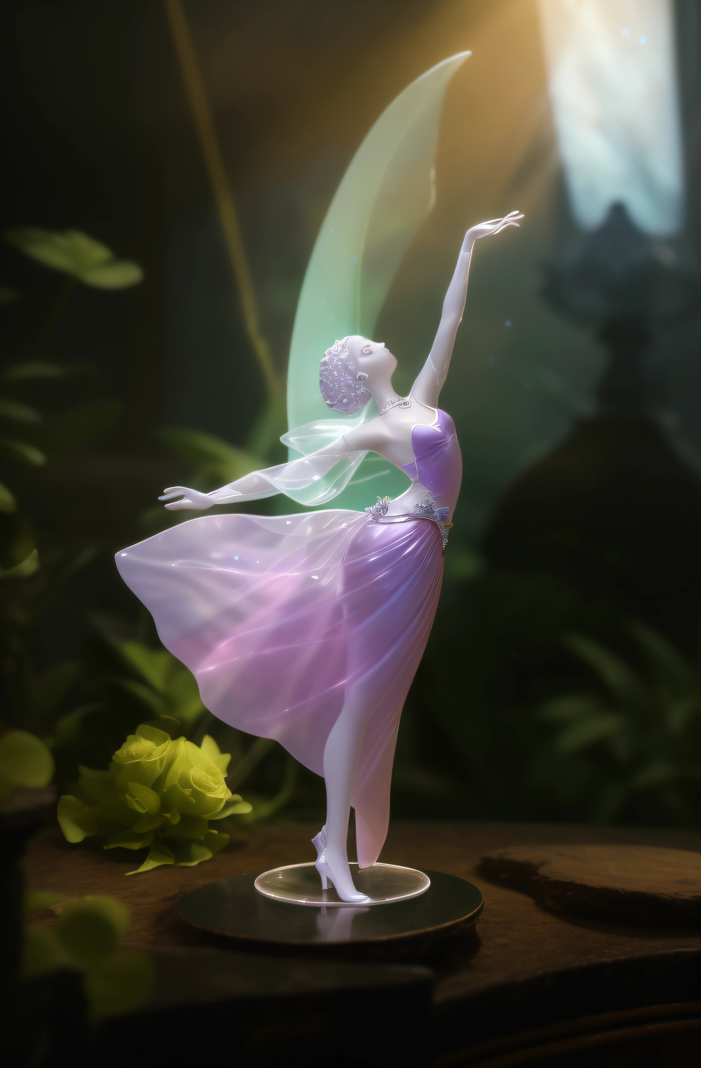 There is a glass vase，There is a pink skirt on it, statue made of glass, Faeries&#39; Moonlight Dance, Amazing young ethereal figure, stylized as a 3d render, render in blender, opal statues, large translucent art statues, Depicted as a 3D rendering, Fairies dance, ethereal essence, blown glass figures, Ethereal stills