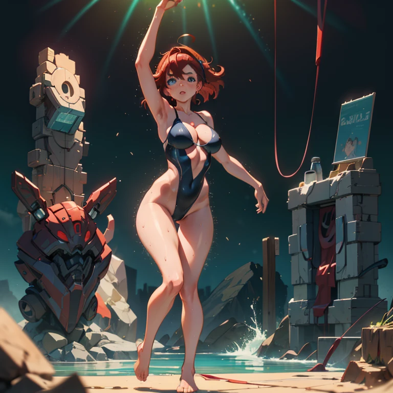 (Unity 16K Wallpaper, Masterpiece, Best Quality, Ultra-Detailed, Extremely Detailed CG, Cinematic Lighting, Detailed, Beautiful Detailed Eyes, Ultra High Resolution), (Full Body Shot), (Full Legs Shot), (Erotic Suggestiveness), (Swimsuit:1.3),(See-Through Swimsuit), (The Swimsuit is about to come off 1.5), (Carmelto), NSFW, Thick-Body, Thick, Blue Eyes, Red Hair, Fine Skin, Armpits, Five Fingers, Drenched in Sweat, Thick, Wet, Futuristic Background, Machines Background