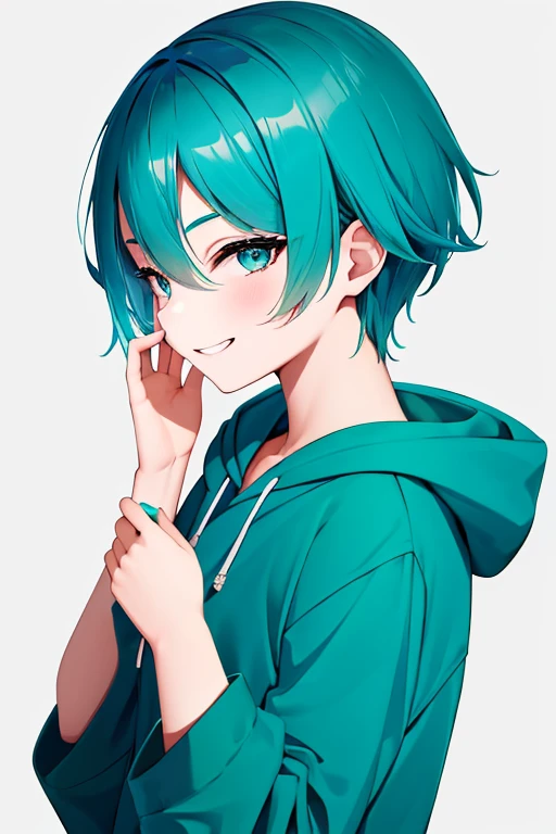 (1 boy), 独奏,teal theme,looking at the viewers,portlate,From Side,big blue green hoodie,(Happy smile),The background is a colorful magazine cover,piece sign,Solo, Blue-green hair,Blue eyes,Portrait, hands on own face, hands on own cheeks,(Eyes that shine like jewels),(long eyeslashes)