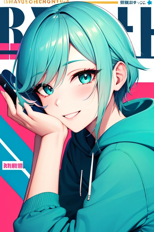 (1 boy), 独奏,teal theme,looking at the viewers,portlate,From Side,big blue green hoodie,(Happy smile),The background is a colorful magazine cover,piece sign,Solo, Blue-green hair,Blue eyes,Portrait, hands on own face, hands on own cheeks,(Eyes that shine like jewels),(long eyeslashes)