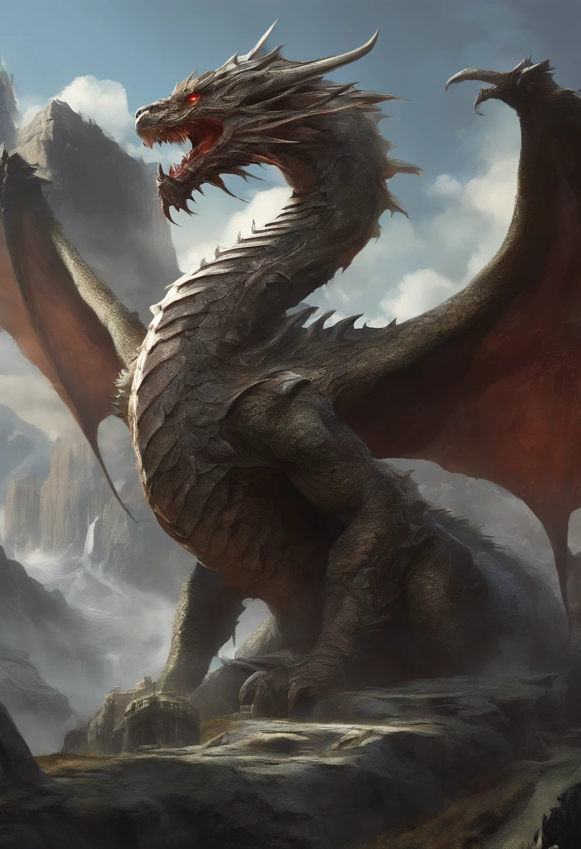There is a big dragon with a huge head and a huge body, epic fantasy card game art, highly detailed fantasy art, detailed digital 2d fantasy art, epic fantasy artwork, detailed fantasy art, epic fantasty card game art, Dungeons&Dragons Fantasy Art, hyperrealistic d & d fantasy art, symmetrical spectacular fantasy art, cyborg dragon portrait