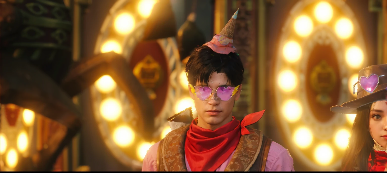 there are two people standing in front of a carousel at night, medium shot of two characters, diverse outfits, 8 k character details, from ncsoft, style game square enix, <mmorpgs scene, ferred - themed robes and hat, sakimichan and frank franzzeta, 2020 video game screenshot, more details, lunar themed attirea