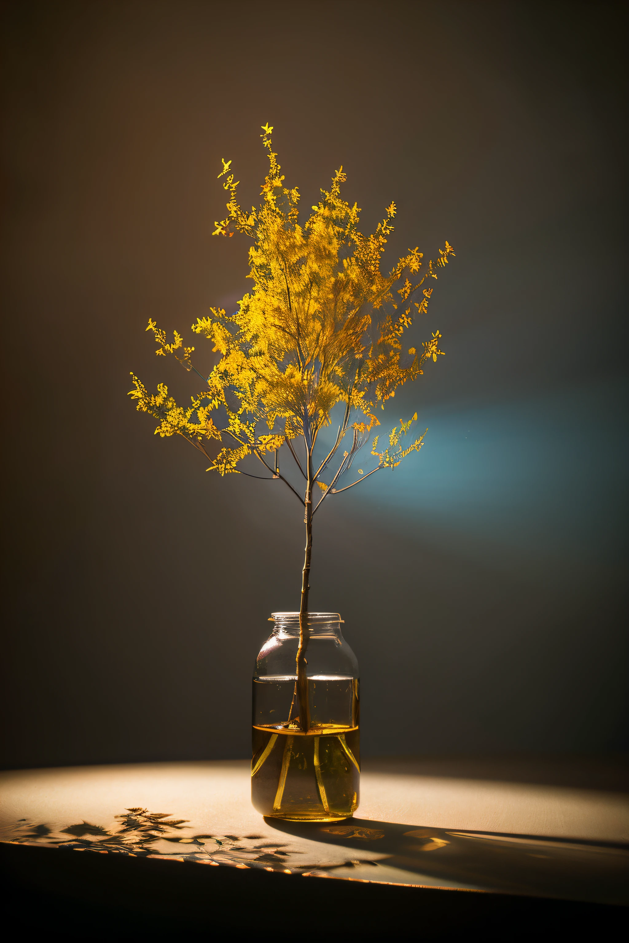 Art tree in a dreamy jar, Fluffy, Realistic, Photo, canon, Dreams, Art Book, multicolored leaves and branches with flowers on the head,. Ultra-detailed photorealism by Gregg Lutkowski - H 1024 W 804 | f1 6 lens mark 2:2S 3555mm Film Grain :1 Realistic high resolution sharp focus contrast!! complex detailed atmospheric light refraction lighting unreal engine 5 movie concept photography masterpiece octane rendering trends cgsociety rendering