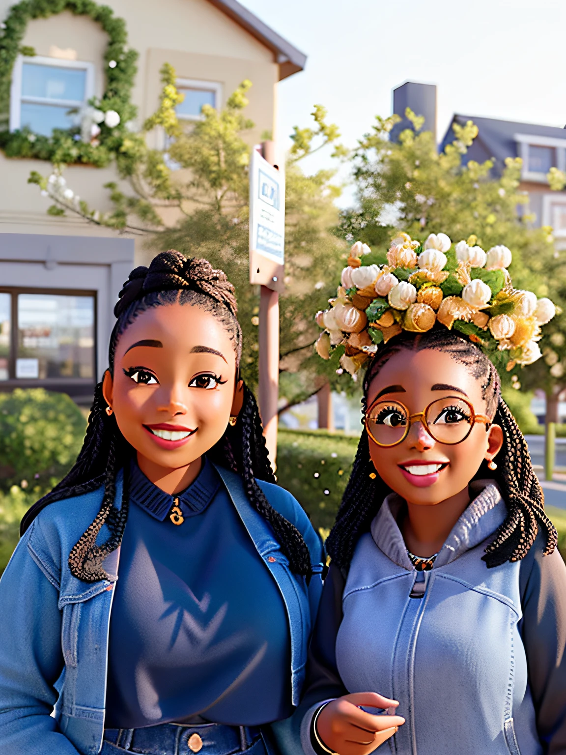 they are two black women standing next to each other near a street sign, both smiling for the camera, beautiful daylight, photo taken in 2 0 2 0, in the background, not cropped, beautiful women, photo taken in 2018, album photo, bushes in the background, sparkling in the sunlight, beautiful views, beautiful faces, well edited, perfect crisp sunlight