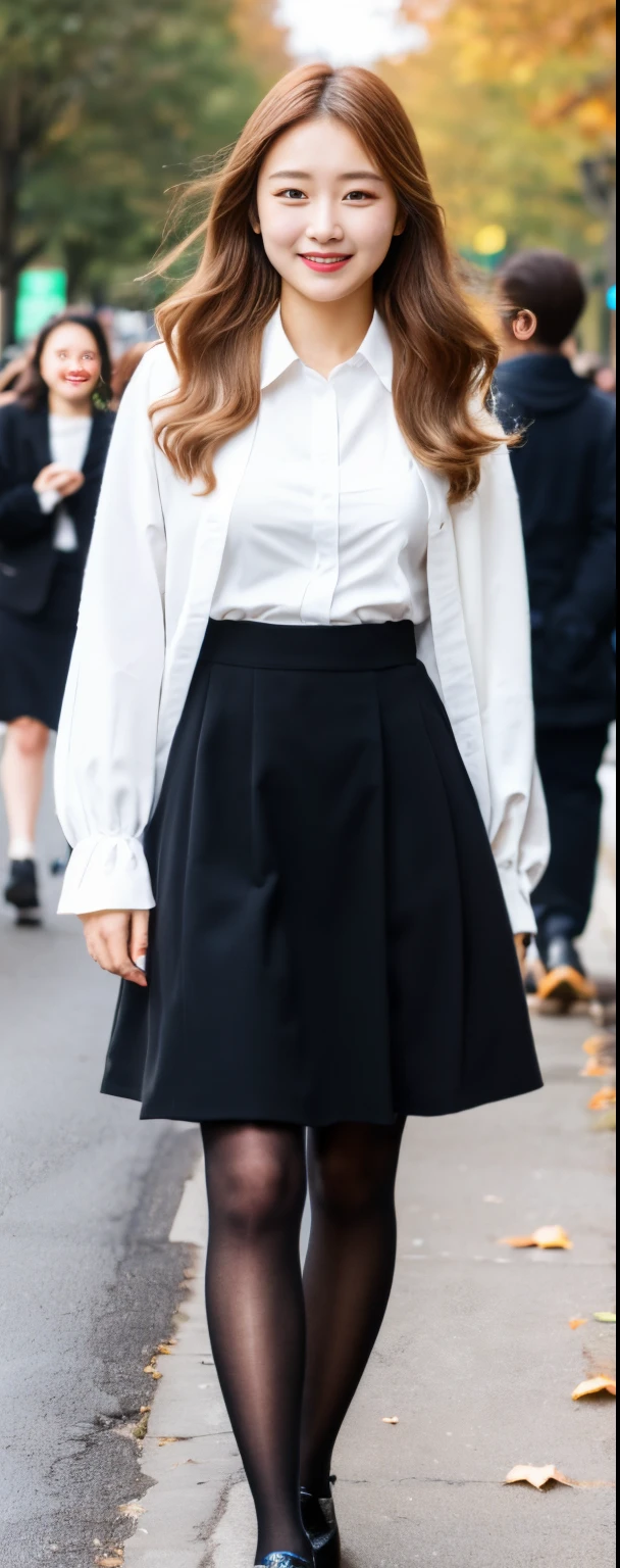 (8k, RAW photos, top quality, masterpiece: 1.2, ultra detailed, super resolution, real photos: 1.37), (Full body photo), 1 noble elegant Japanese lady, (standing contrapposte), ((pale color coodinate amber peach light brown other color, wearing over-size short autumn coat, beige long skirt, inner shirt, black tights, wearing loafers)), Shiny, Smile, Looks like 1.8 meters tall, large pelvis, Large breasts, big cuvy hips, Thin waist, Long legs, skin hyper-detail, 20 years old, Perfect face, (Detailed facial features), Wavy hair, Daylight, autumn season, center of street, crowd of people,
