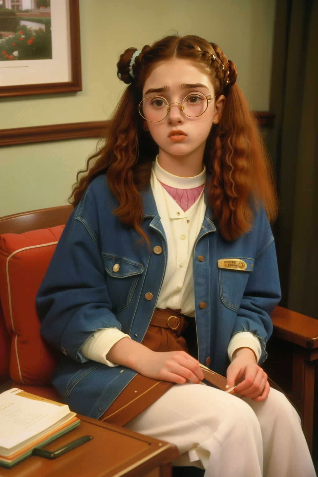 1997, Condado de Berkshire, Massachusetts. 16 year old Pre-Raphaelite girl, cabello rizado, Pecas, gafas, sentada, Chocolate caliente, ((sad and scared expression)), ((((1990s clothing)))), ((Hairstyle from the 1990s)), ((Cinematic style by Wes Anderson)), De color