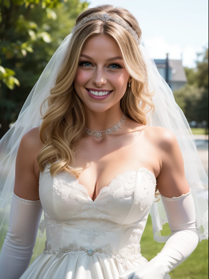 melissa benoist, a woman with long blonde hair, hair between eyes, ahoge, hair ornament, gloves, dress, cleavage, bare shoulders, collarbone, long white satin elbow length gloves, white gloves, white dress, strapless, white choker, tiara, veil, strapless dress, wedding dress, bridal veil, beautiful woman, perfect body, perfect breasts, wearing a wedding dress, ball gown, in the park trees, wedding decorations, looking at the viewer, full body smile, realism, masterpiece, textured skin, super detail, high detail, high quality, best quality, 1080p,