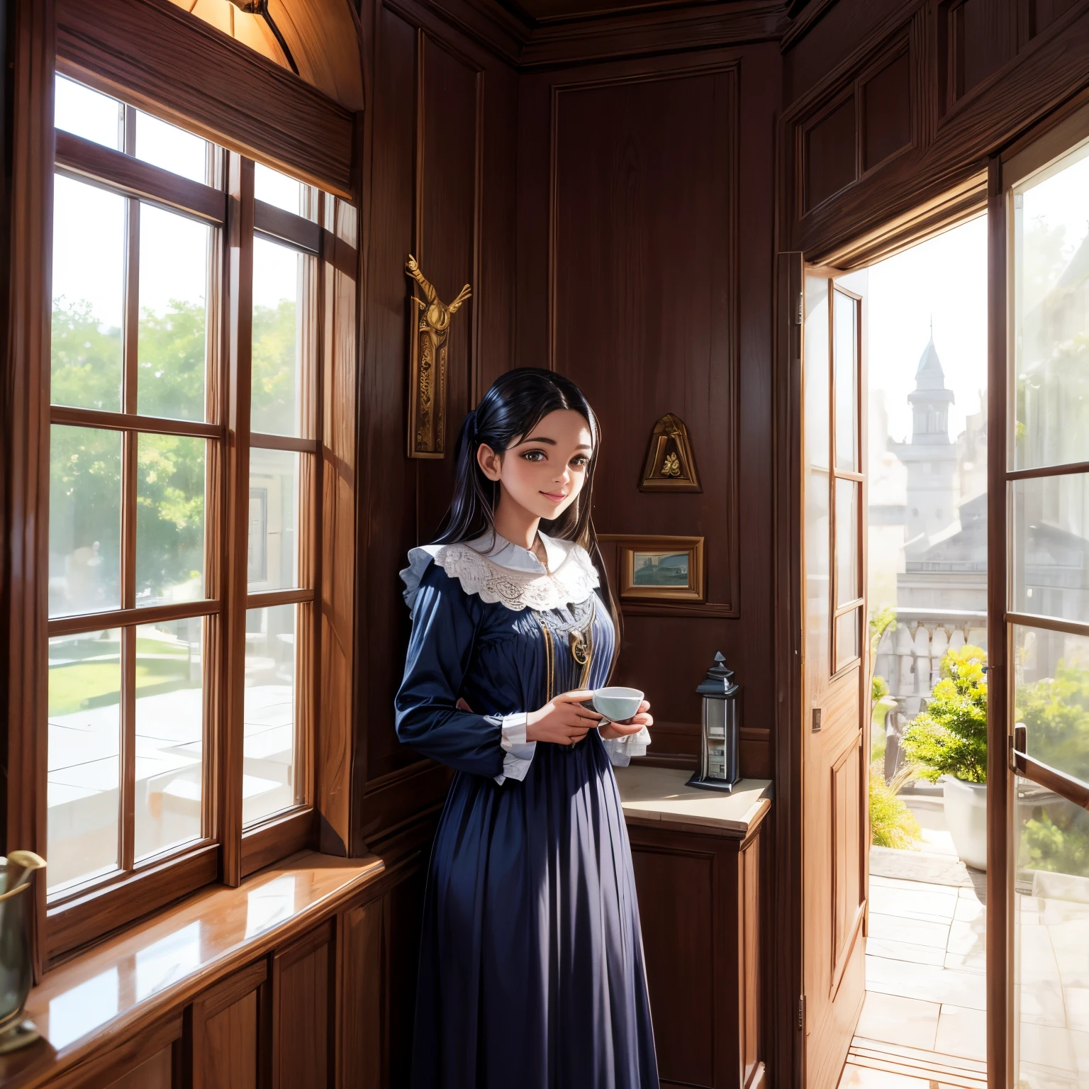 uma sala comum, colonial, various pictures on the wall, espelho, linda old senhora mulher negra de vestido colonial, She is standing in front of the open window with coffee in her hand, acenando e sorrindo para quem passa na rua, adicionar nesta cena uma cama colonial, antique wall clock, ONE dog
