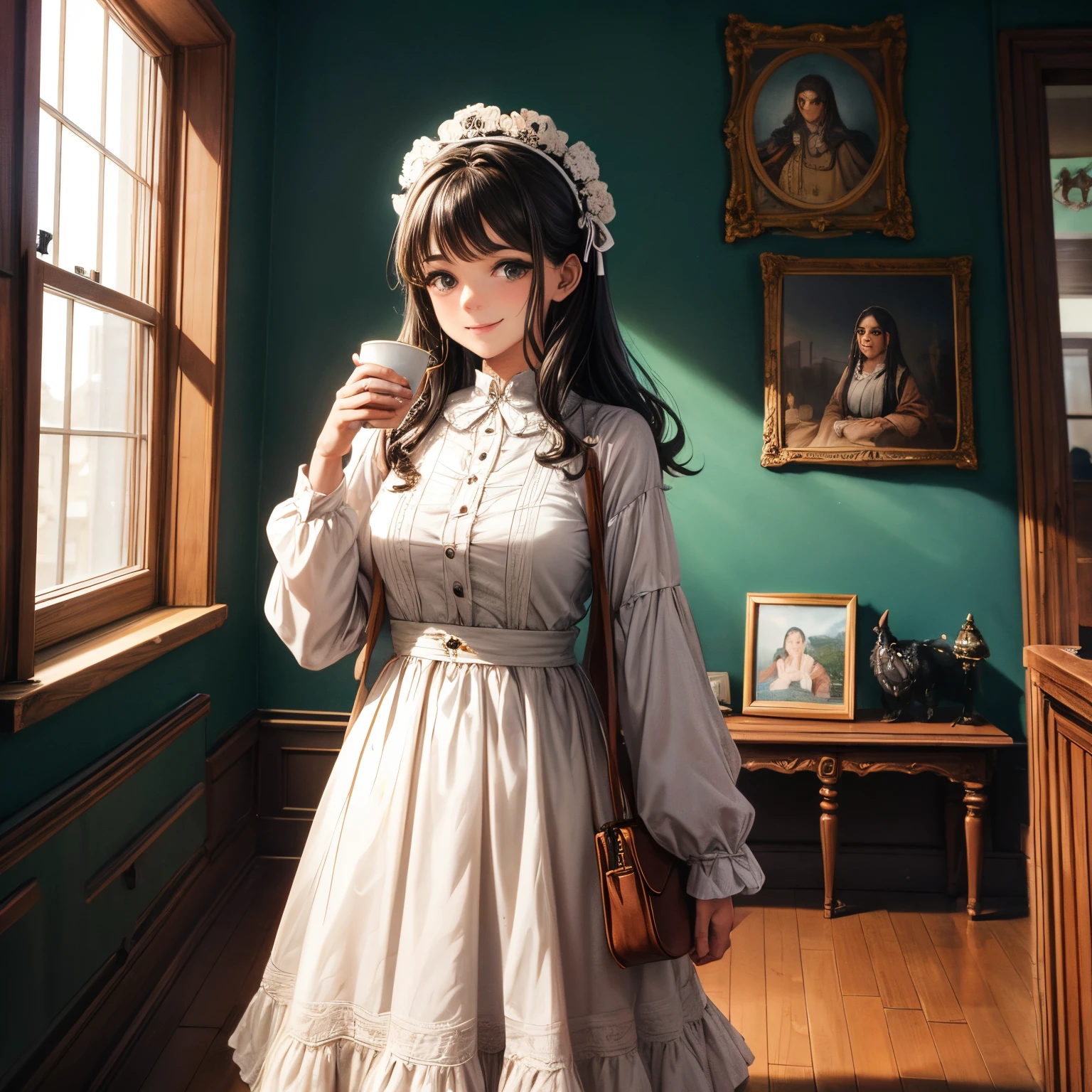 uma sala comum, colonial, various pictures on the wall, espelho, linda old senhora mulher negra de vestido colonial, She is standing in front of the open window with coffee in her hand, acenando e sorrindo para quem passa na rua, adicionar nesta cena uma cama colonial, antique wall clock, ONE dog
