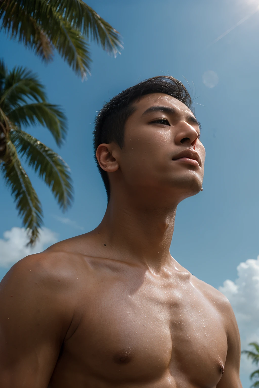 23 years old shirtless southeast asian men looking up the sky, realistic, photo realistic, look up, neck, head up, side view, neck focus photo, adam's apple focus