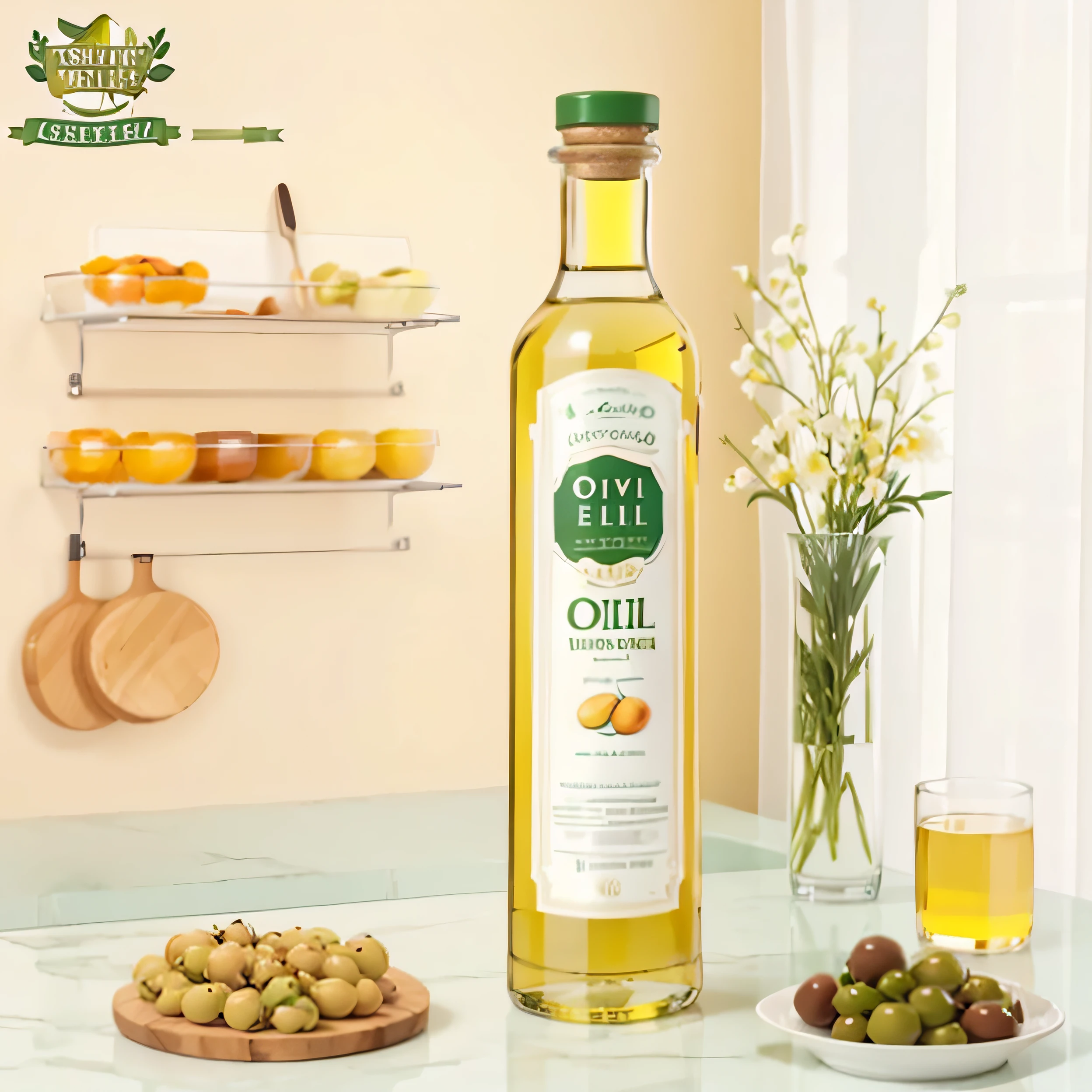 Olive oil product pictures, Super real,tmasterpiece,Best quality,(Very detailed CG unified 8k wallpaper),(The best illustrations),Kitchen scene,Excellent food,olive oil,pile of large olives,Salad,dingdall effect,ultra - detailed,ray traycing,wide angles