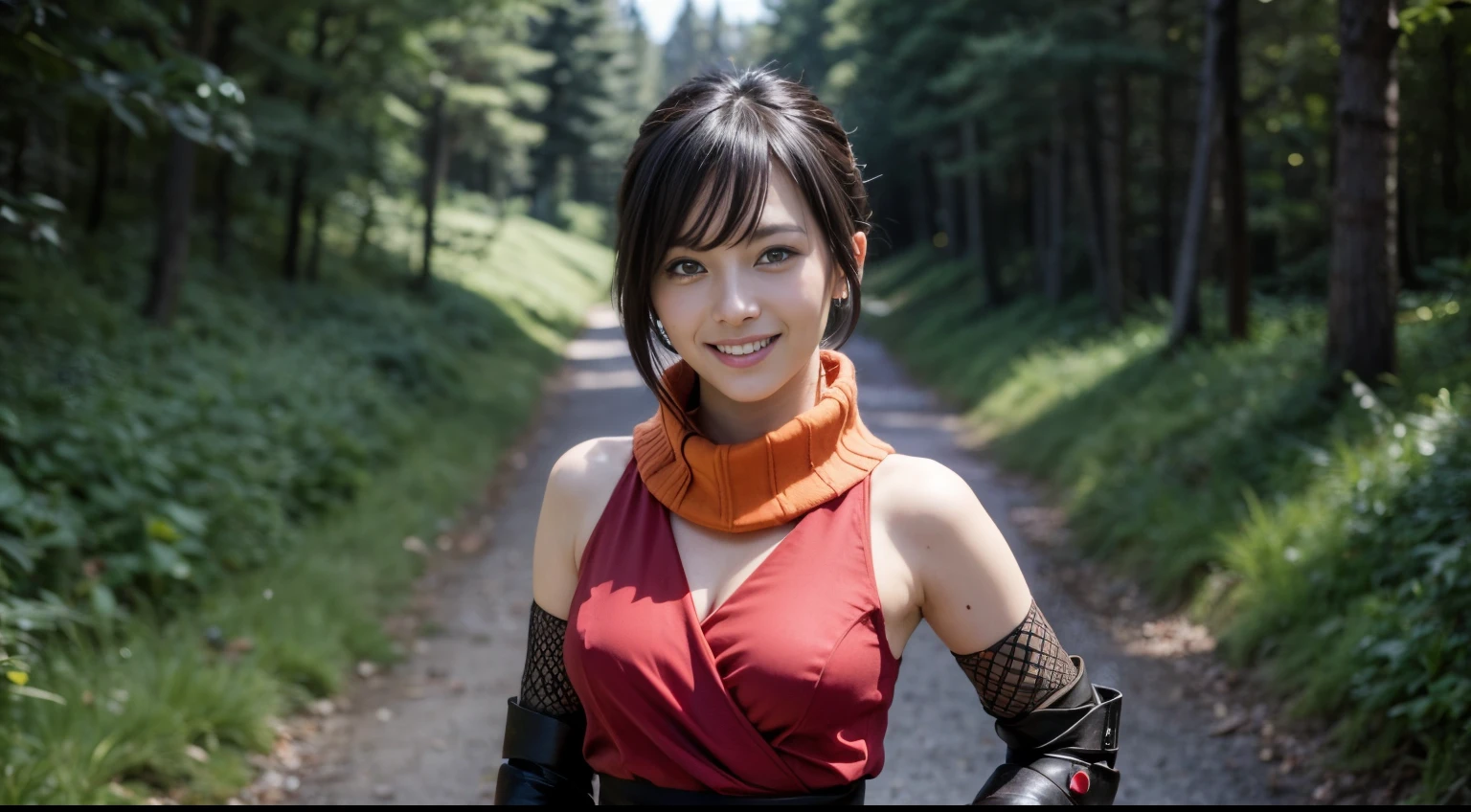 masterpiece, best quality, souka, orange scarf, red dress, sash, vambraces, forest, upper body, looking at viewer, huge breasts, smile, from above