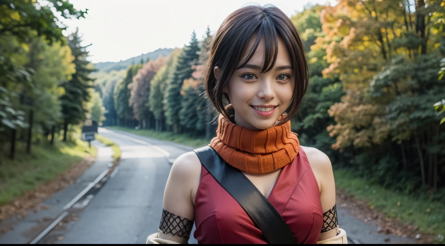 masterpiece, best quality, souka, orange scarf, red dress, sash, vambraces, forest, upper body, looking at viewer, huge breasts, smile, from above