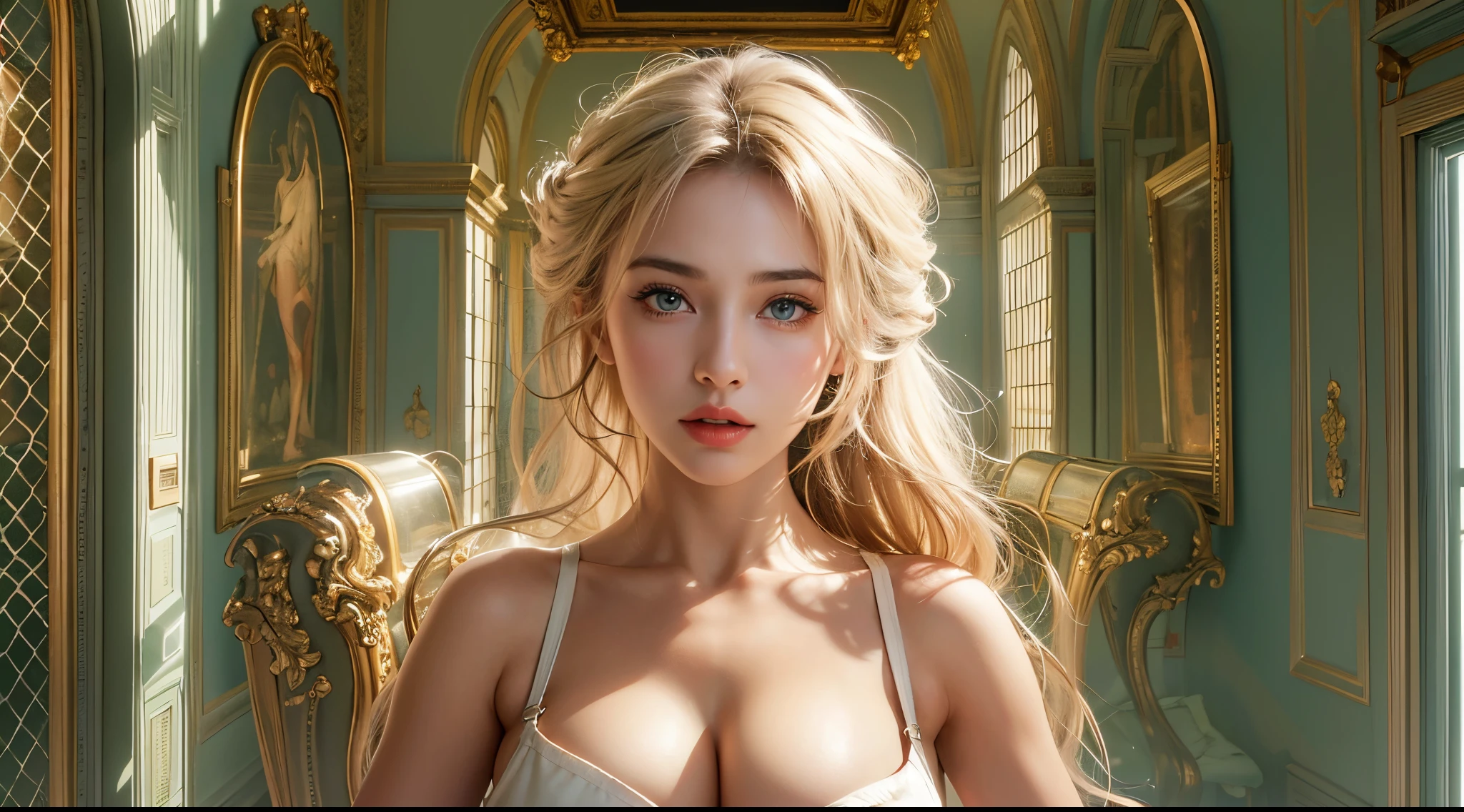 (hyper realisitc), (illuminations), (A high resolution), (8K), (The content is very detailed), (Best Best Illustration), (beautidful eyes), (Best quality), (ultra - detailed), (tmasterpiece), (Wallpapers), (Detailed faces), Alone, (dynamicposes), 1 girl, White wavy hair on chair,((Short apron)), Large breasts, legs long, Tighten abs, (Camel toes), (), (No bra wearing)