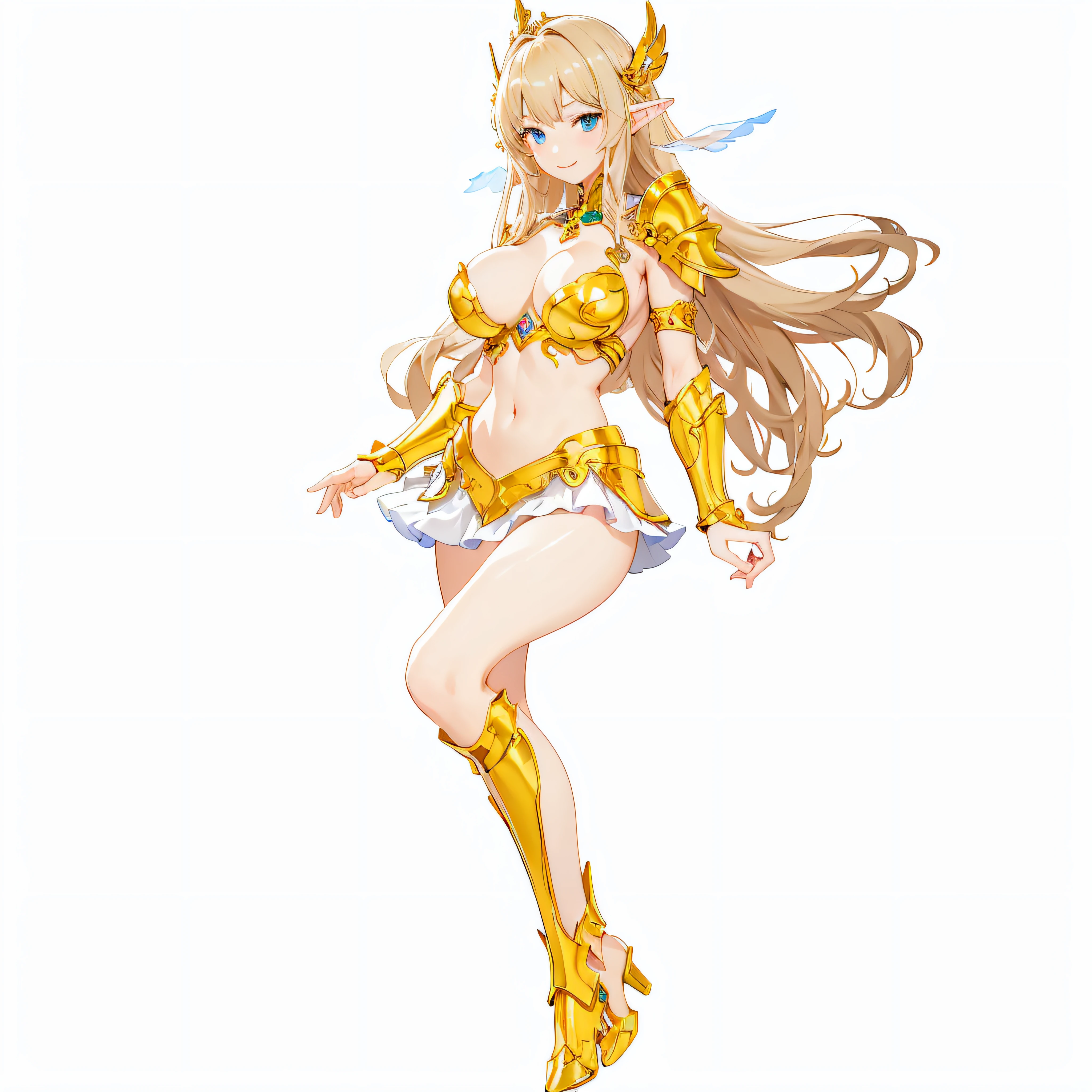 masterpiece、top-quality、ighly detailed、hight resolution、16k、fullnude、teats、Boob proportions、golden armour、Very thin skirt、Black pants、Full body like、Very white skin、Beautiful fingers、Anime girl with very big breasts posing naked、Perfect Style、elvish、no-bra、Blonde blue-eyed、A smile、An elf girl