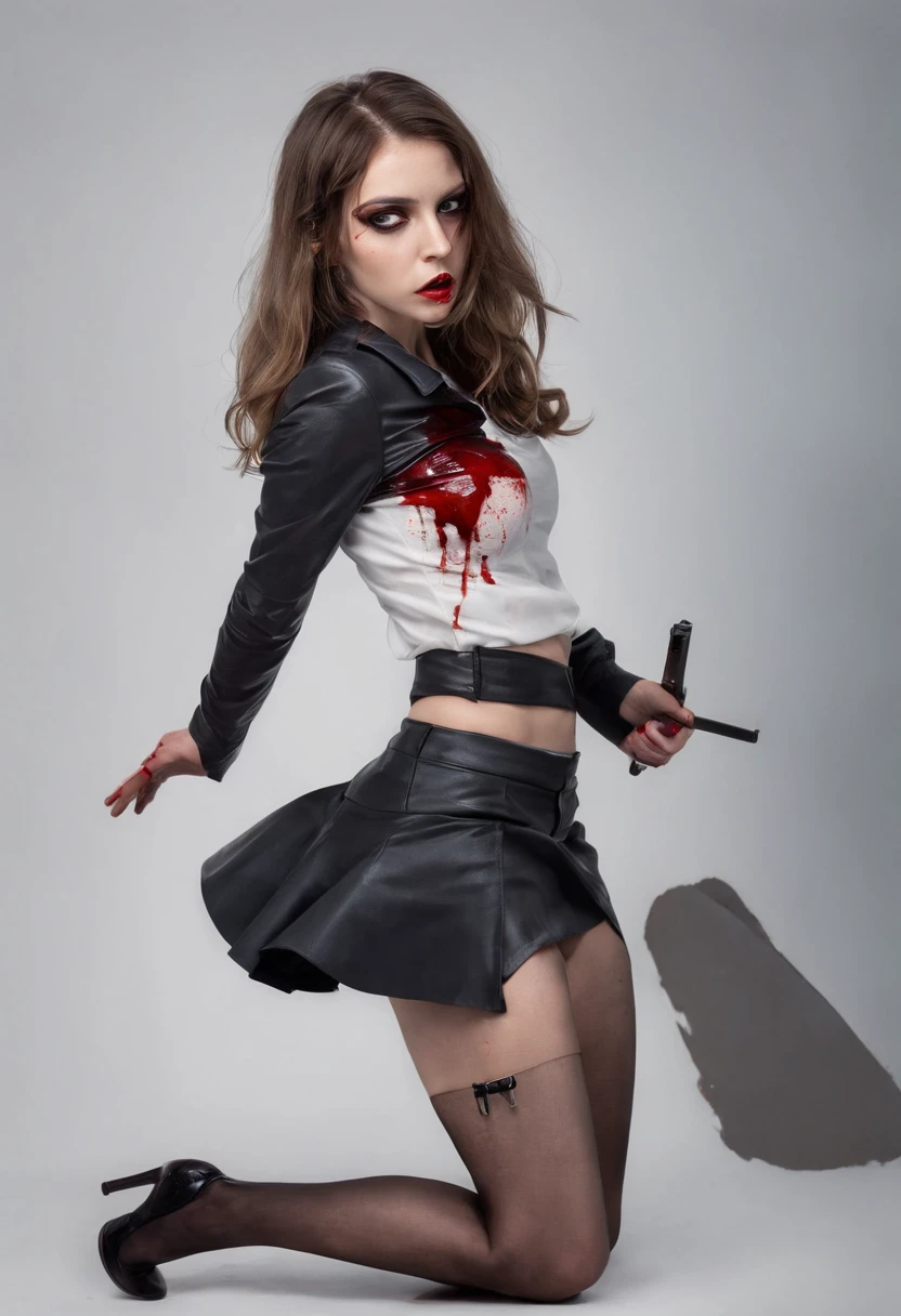 stewardess, weapons and equipment, white stockings, Holding a katana, Wear a short skirt, The shirt was stained with blood, In an abandoned underground garage, Double up braid, White hair, Glaring, Angry, Screaming, projected inset, character sheets, surrealism, Interior architecture, Realistic phoenix, hyper HD, Masterpiece, Best quality, 4K