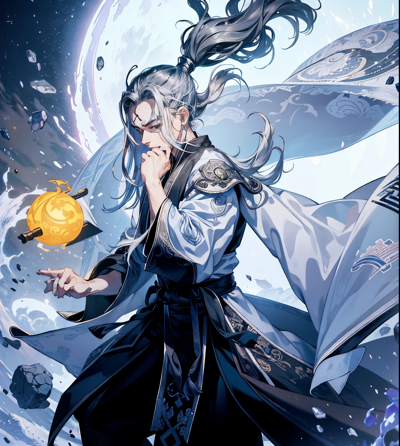 tmasterpiece, Best quality, hyper-detailing, CG illustration, Proper shading, Best quality at best，8K，tmasterpiece，Master illustration，Colorful，1人，geezer，Old，Hands up，Black and white robes，Taoist robes，silber hair，Ponytail，long eyebrow，Long beard，Martial artist