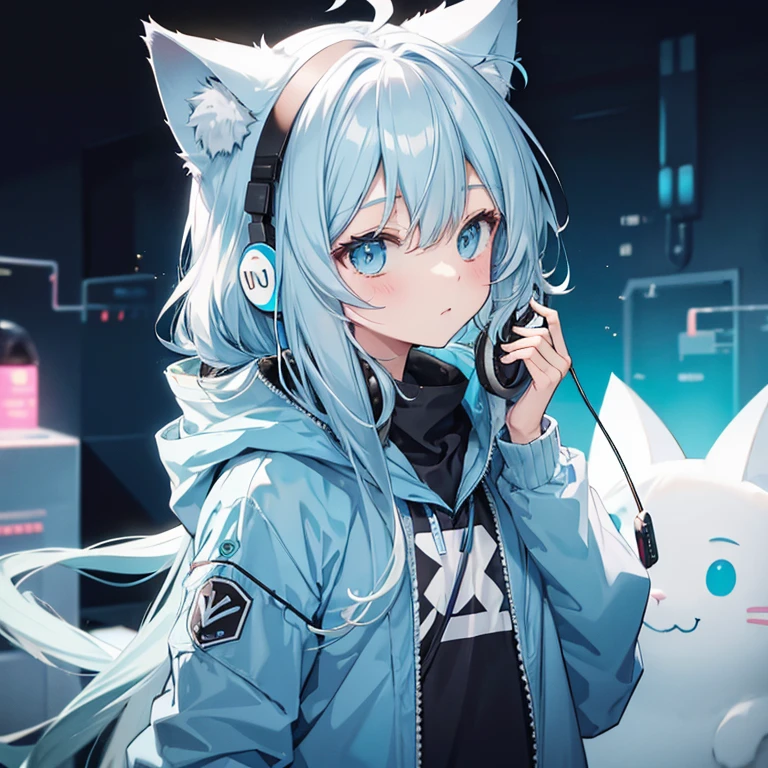 Snow fox(me), fur body, full body, earphones(color deep dark blue), deep dark blue(Snow fox), Neon(Snow fox), UWU, light(RGB), DJ, glow(light), 4 ear 2 tail, master piece, name(Snow), girl(young), jacket(deep dark blue), space time, soft, collar(star), flutty tail, character(Snow fox), 8K, long hair, winter(foggy), foggy(deep dark blue), thick fog, feeling(despair), cry, vampire, necklace