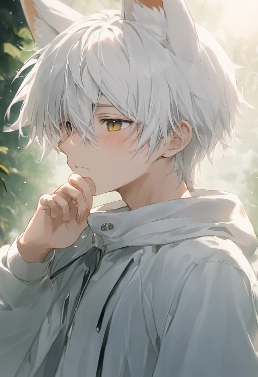 White-haired anime boy, fox ear, Shy Blushing HD