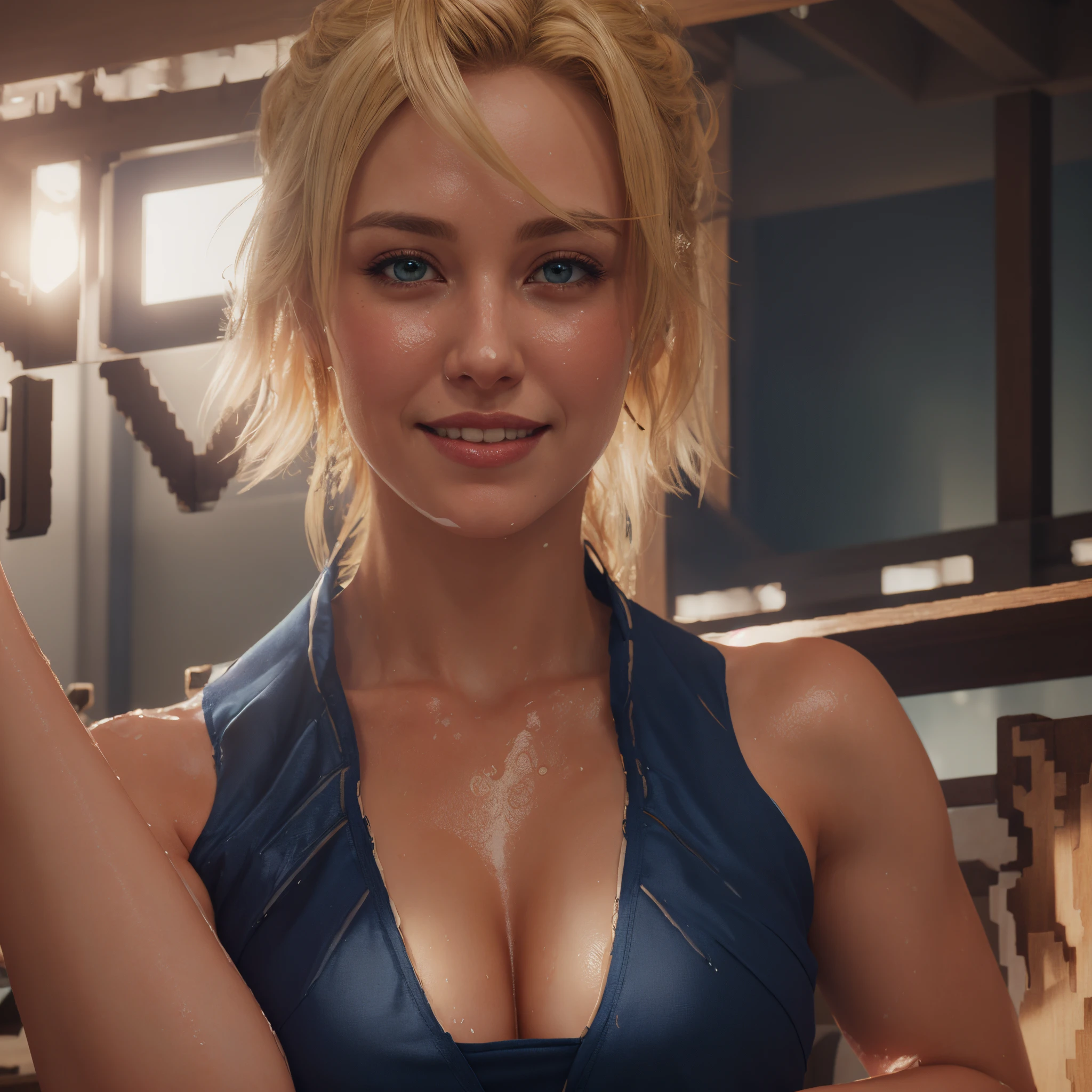 1girl, portrait of shot of re4ashley, park, flowers, volumetric lighting, best quality, masterpiece, intricate details, tonemapping, sharp focus, hyper detailed, trending on Artstation, realistic,blonde hair,tight dark blue dress,erotic smile,Sweaty, wet,oiled body