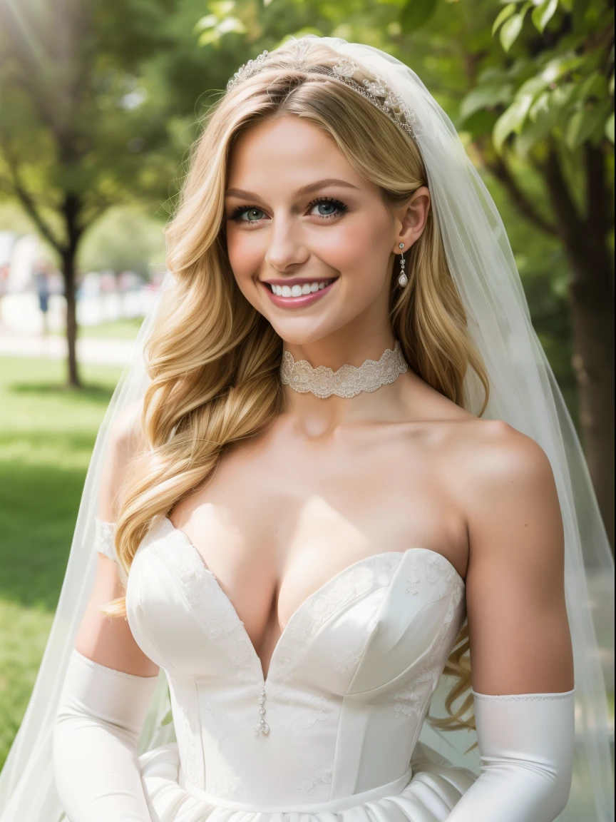 melissa benoist, a woman with long blonde hair, hair between eyes, ahoge, hair ornament, gloves, dress, cleavage, bare shoulders, collarbone, long white shiny satin elbow length gloves, white gloves, white dress, strapless, white choker, tiara, veil, strapless dress, wedding dress, bridal veil, beautiful woman, perfect body, perfect breasts, wearing a wedding dress, ball gown, in the park trees, wedding decorations, looking at the viewer, full body smile, realism, masterpiece, textured skin, super detail, high detail, high quality, best quality, 1080p,
