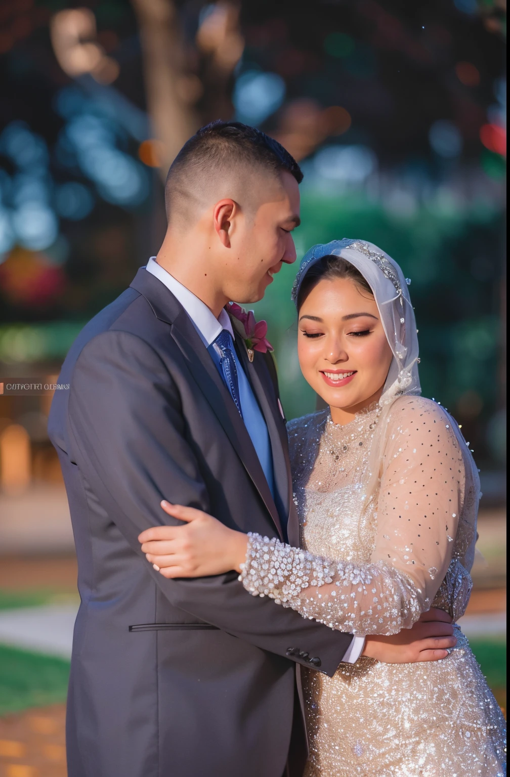 bride and groom in formal attire standing close together in a park, reddit post, facebook post, bokeh in the background only, lovely couple, taken with canon 5d mk4, color corrected, instagram post, detailed portrait shot, photo taken with canon 5d, taken at golden hour, shot with canon eoa 6 d mark ii, shot at golden hour