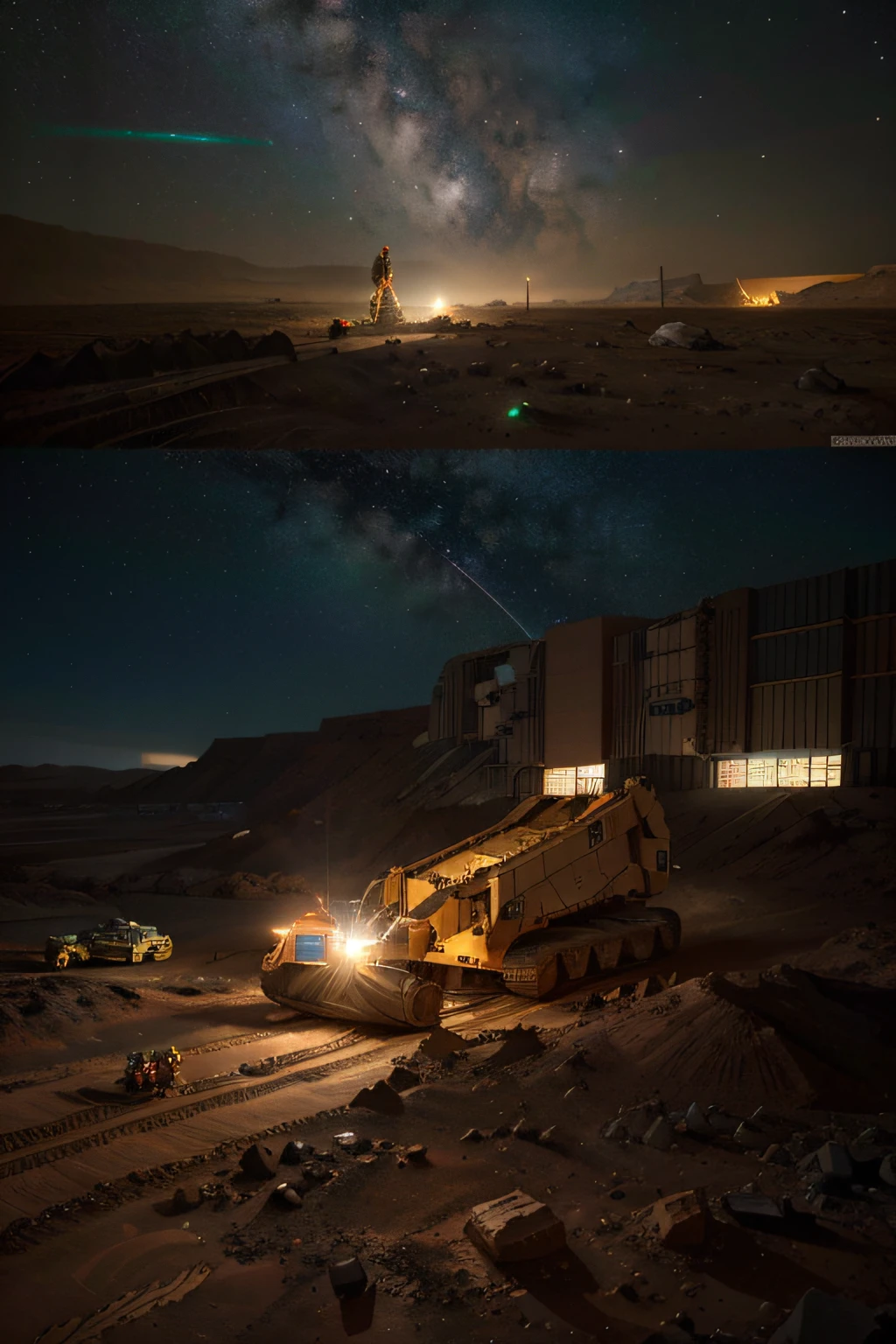 On Mars, a huge, cutting-edge mining excavation machine is at work. Metallic luster texture, mineral conveyor belt, and mining personnel are distributed on the Martian ground. Bright picture, different machines, starry sky, daytime, digging into large mechanical details, super wide angle, bird's eye view, high realism, light and dark