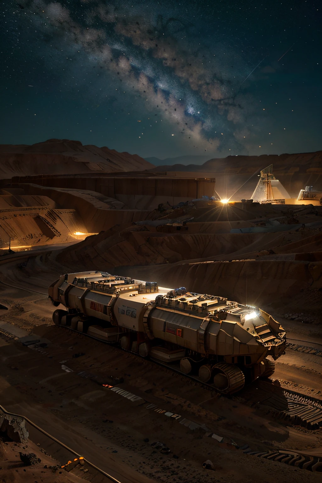On Mars, a huge, cutting-edge mining excavation machine is at work. Metallic luster texture, mineral conveyor belt, and mining personnel are distributed on the Martian ground. Bright picture, different machines, starry sky, daytime, digging into large mechanical details, super wide angle, bird's eye view, high realism, light and dark