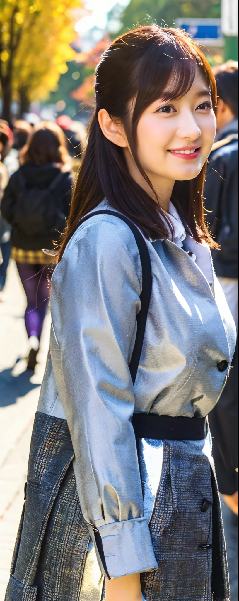 (8k, RAW photos, top quality, masterpiece: 1.2, ultra detailed, super resolution, real photos: 1.37), (Full body photo), 1 noble elegant Japanese lady, (standing contrapposte), ((pale color coodinate amber peach light brown other color, wearing over-size short autumn coat, beige long skirt, inner shirt, black tights, wearing loafers)), Shiny, Smile, Looks like 1.8 meters tall, large pelvis, Large breasts, big cuvy hips, Thin waist, Long legs, skin hyper-detail, 20 years old, Perfect face, (Detailed facial features), Wavy hair, Daylight, autumn season, center of street, crowd of people,