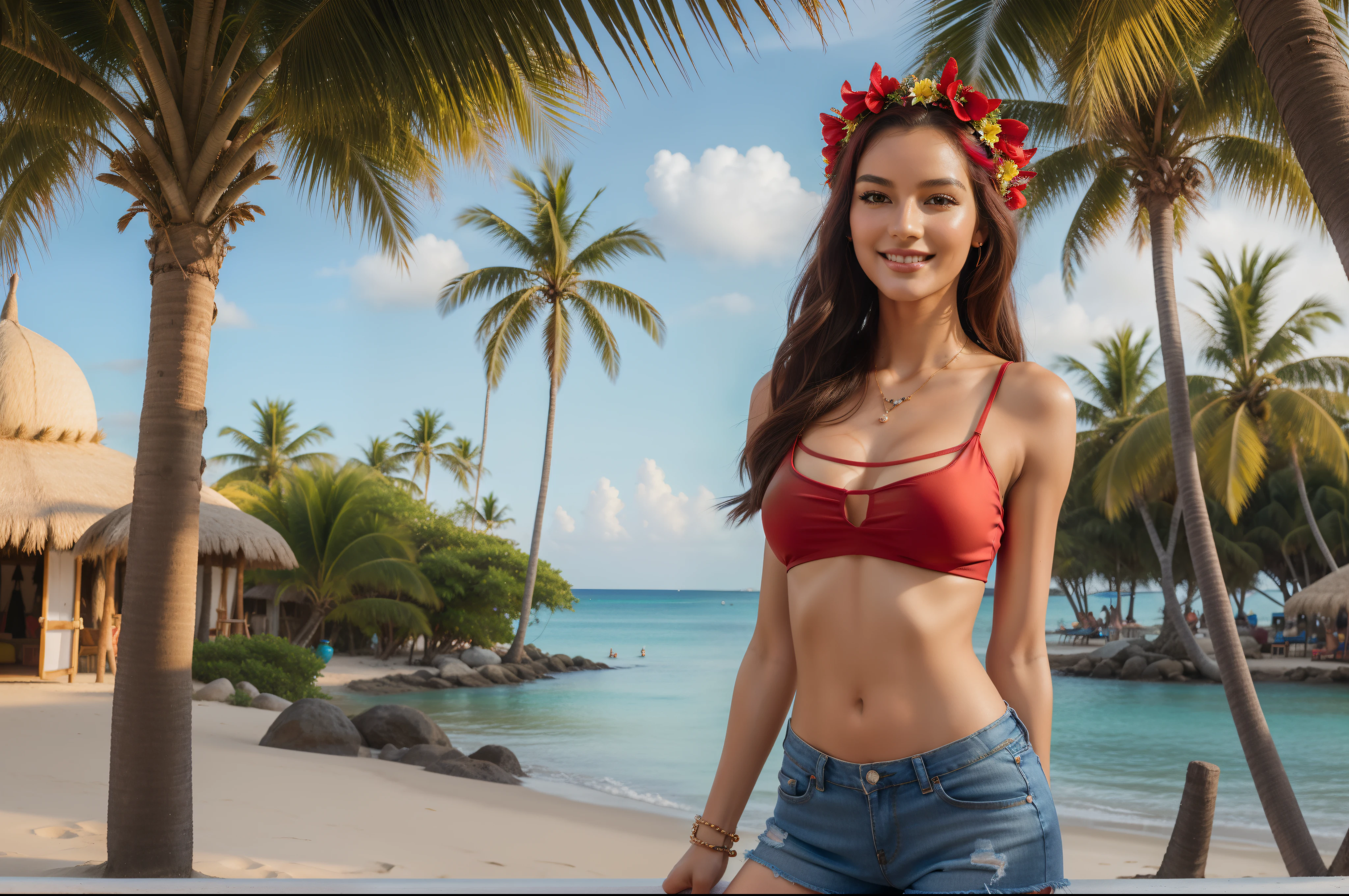 (best quality,4k,8k,highres,masterpiece:1.2),ultra-detailed,(realistic,photorealistic,photo-realistic:1.37),(((1girl))),(18years old),[the face is combination of (((irene1:1.2))) and (((Excella_er5:1.2)))],beautiful detailed eyes,beautiful detailed lips,extremely detailed eyes and face,long eyelashes,gorgeous girl,feminine charm,pearl skin,(skin pores:1.1),extremely detailed face and skin texture,(skin texture:1.1),black hair,soft and smooth hair,tall and slender body,(192cm tall),thin and delicate figure,graceful posture,strong and defined muscles,flawless skin,defined abs,perfect curves,feminine appearance,beautiful long legs,embodying elegance and beauty,happy expression,full-smile,seductive eyes and sensual lips,large breasts,cleavage breasts,((wearing a sexy (red:1.4) crop-top:1.3)),(no panty),(ultra-short (red:1.4) miniskirt:1.3),vibrant colors,soft lighting,reggae music,palm trees and tropical foliage,late afternoon sunlight,smiling face,freestyle dance moves,hip-hop jewelry,rasta flag in the background,positive energy,relaxed atmosphere,bohemian style,flowing dress,flower crown,happy vibes,island vacation feeling,joyful expression,beach party scene,clear blue sky,happy crowd,coconut drink in hand,graffiti murals with reggae motifs,gentle breeze,reggae concert feeling,laid-back attitude,summer evening by the sea,carnival spirit,peace and love,greenery,exotic ambiance,dynamic poses,funky accessories,energetic movements,fun rhythm,celebration of life,sun-kissed skin,sand between toes,free-spirited adventure,positive vibrations