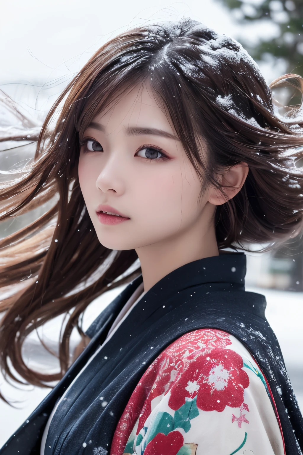 (Kimono)、、(top-quality,masterpiece:1.3,超A high resolution,),(ultra-detailliert,Caustics),(Photorealsitic:1.4,RAW shooting,)Ultra-realistic capture,A highly detailed,high-definition16Kfor human skin、 Skin texture is natural、、The skin looks healthy with an even tone、 Use natural light and color,One Woman,japanes,,kawaii,A dark-haired,Middle hair,(depth of fields、chromatic abberation、、Wide range of lighting、Natural Shading、)、、(Falling snow:1.3)、(Hair swaying in the wind:1.3)、(Snow reflects light:1.3)