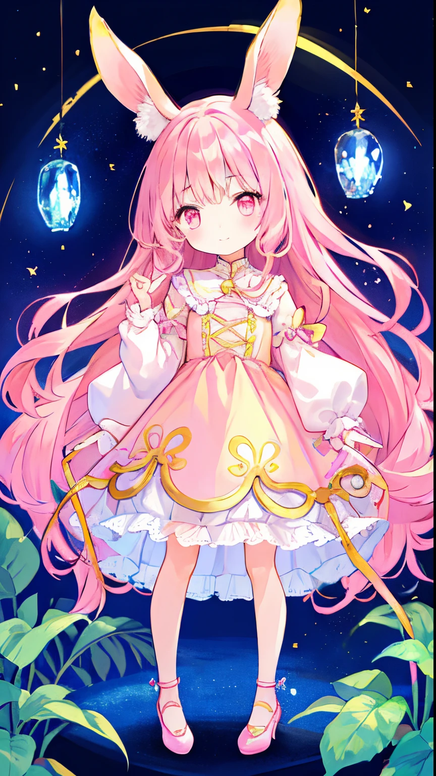 beautiful illustration、top-quality、Detailed hand、A detailed face、Detailed shoes、cute shoes、Cute little girl s、PastelColors、Fluffy rabbit ears、小柄、Golden long hair、Bright lighting、bright pink eyes、full bodyesbian、Standing illustration