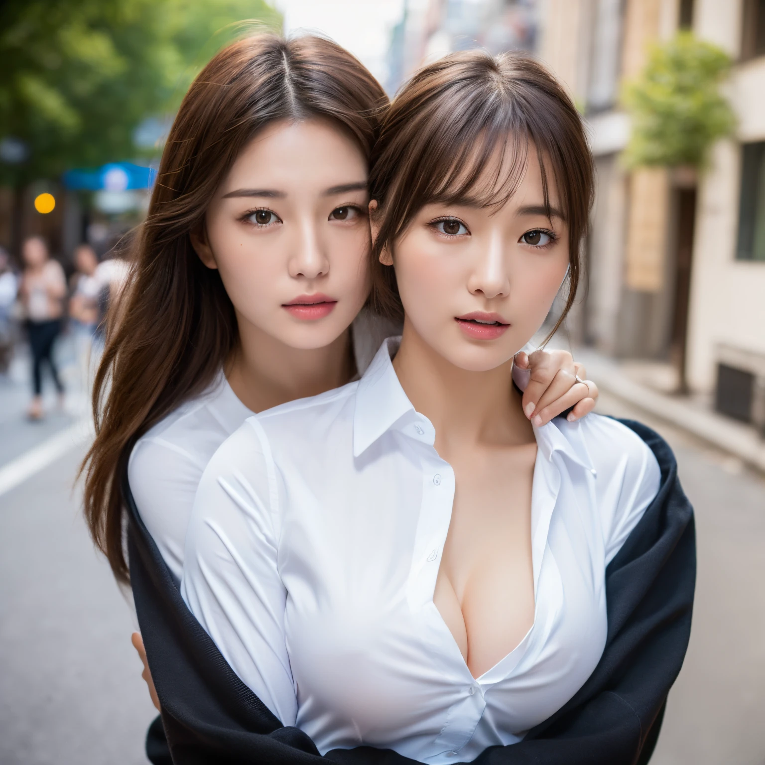 ((Best quality, 8k, Masterpiece :1.3)), Sharp focus :1.2, A pretty woman with perfect figure :1.4, Slender abs :1.2, ((Dark brown hair, Big breasts :1.2)), (White button up long shirt :1.1), City street:1.2, Highly detailed face and skin texture, Detailed eyes, Double eyelid