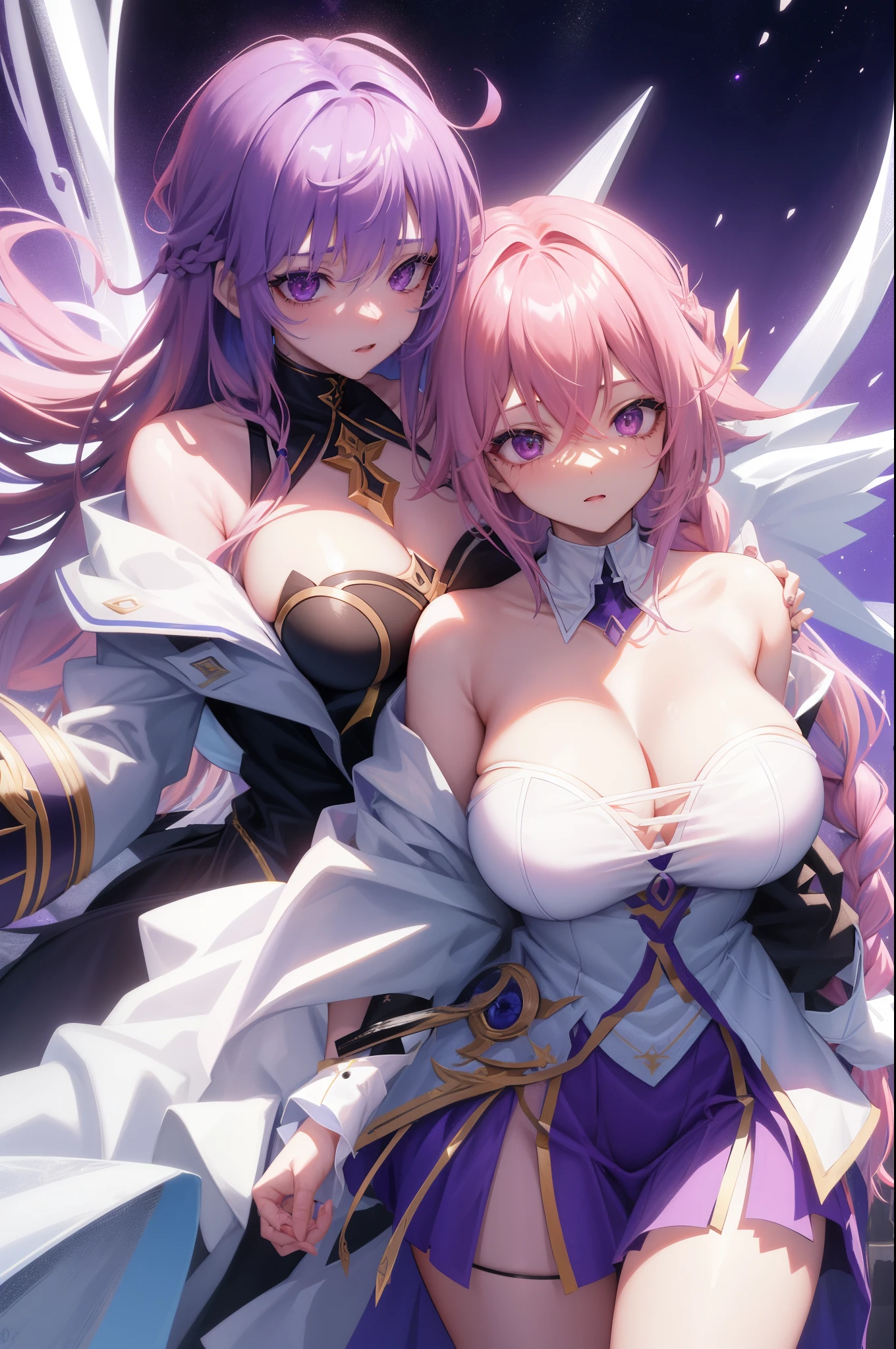 2girls,(maam:1.2), ((Extremely detailed face, the hair, The skin, The eye)), HighDynamicRange, 4K, 16k, 32K, 64K, 128k, 256k, 512k, Asymmetrical balance, TSAA, FXAA, Anti – Aliasing, Complicated details, Excellent, magia, llight rays, Ray traching, Post-processing, eyeslashes, (eye shadows), eyeline, mascara, cosmetics, Yuri, (upper legs:0.8) NSFW, dynamic angle,
(Raiden general:1.05), genshin impact, big breasts and big breasts (《the original god》Yae Miko in,A pink-haired,Purple eye:1.2), Beautiful curves,
(Purple colored hair:1.2),
(long whitr hair:1.2),
(Braided:1.2),
bluntbangs,
a purple eye,
(Large breasts),