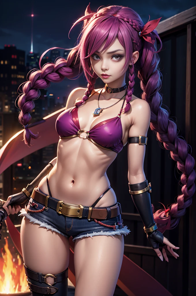jinx \(league of legends\), 1girl, twin braids, single elbow glove, short shorts, bikini top only, necklace, belt, bullet, fingerless gloves