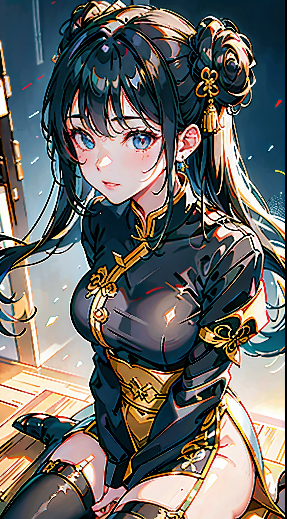 Ultra-realistic 8k CG,masterpiece,best quality,(photorealistic:1.4),HDR,absurdres,Professional,RAW photo,lens flare,(film grain:1.1),Bokeh,((Depth of field)),studio light,Solo, looking at the audience, black hair, hair ornaments, long sleeves, 1gril,closed mouth, standing, full body,female focus, boots,bun, black shoes, shadow,Chinese clothes, fighting posture, top knot,