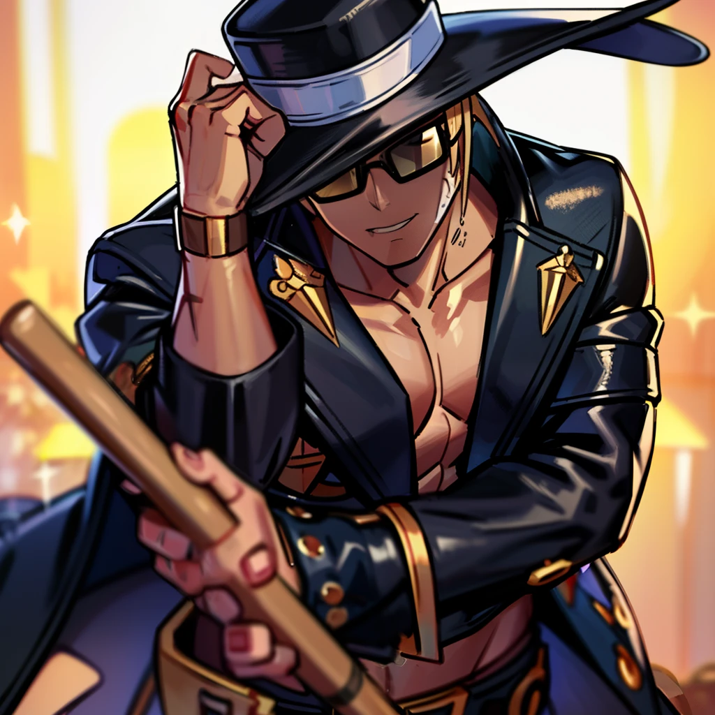 Highly detailed, High Quality, Masterpiece, beautiful, HornyJail, 1boy, solo, he's being hit on the head by an alloy baseball hat, dazed, (in pain:1.4), cross eyed, johnny, (coat:1.4), (sunglasses:1.4), leather gloves, brimmed cowboy hat, open clothes, pectorals, muscular, abs,