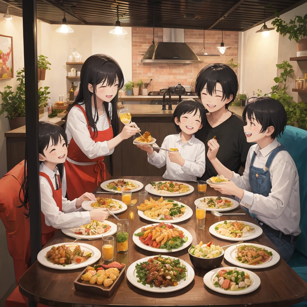"Create a heartwarming Studio Ghibli-style scene of a family gathered around a dinner table. One of the daughters, now a young adult, is standing beside the table, raising her wine glass in a toast. The rest of the family, including her parents, siblings, and their spouses, are seated around the table, smiling and raising their glasses in response. The scene is filled with warmth and joy, with soft lighting illuminating the cozy dining room. The table is adorned with delicious food, and the background features detailed elements like wooden furniture, family photos on the walls, and the soft glow of evening light filtering through a nearby window, creating a festive and intimate atmosphere."