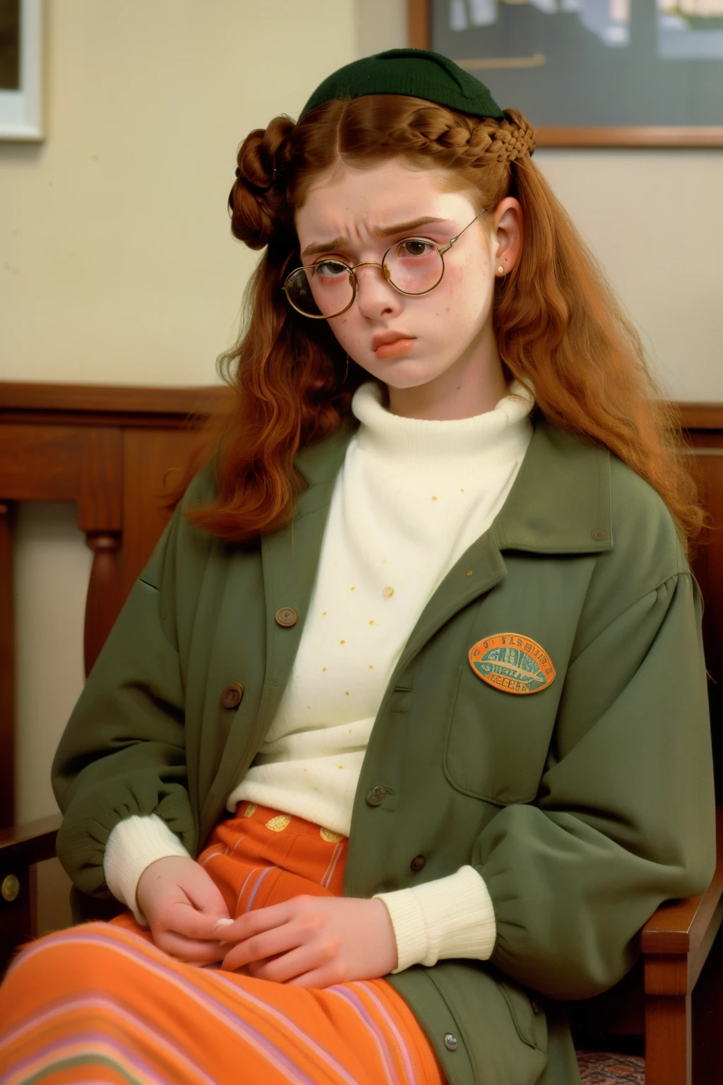 1997, Berkshire County, Massachusetts. Pre-raphaelite 18-year-old girl, curly hair, ((freckles)), glasses, sitting, hot cocoa, ((sad and scared expression)), ((crying)), ((((Clothing from the 1990s)))), ((Hairstyle of the 1990s)), ((Wes Anderson cinematic style)), colorful