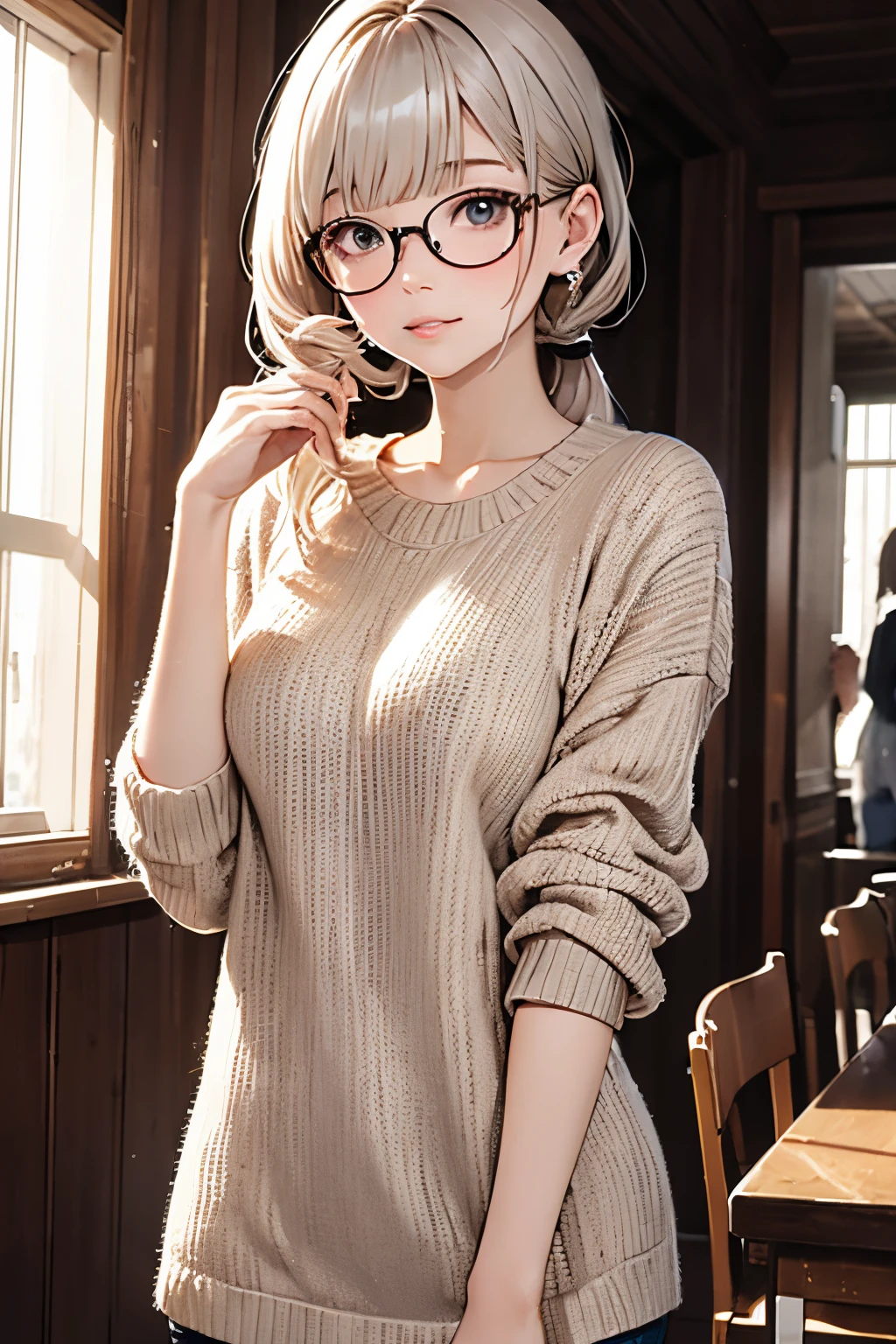 silber hair、eye glasses、Beautie、woman wearing knitted clothes、skin tanned、poneyTail