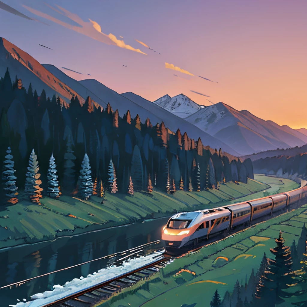 High-speed train, mountain background, twilight, pine forest, river,