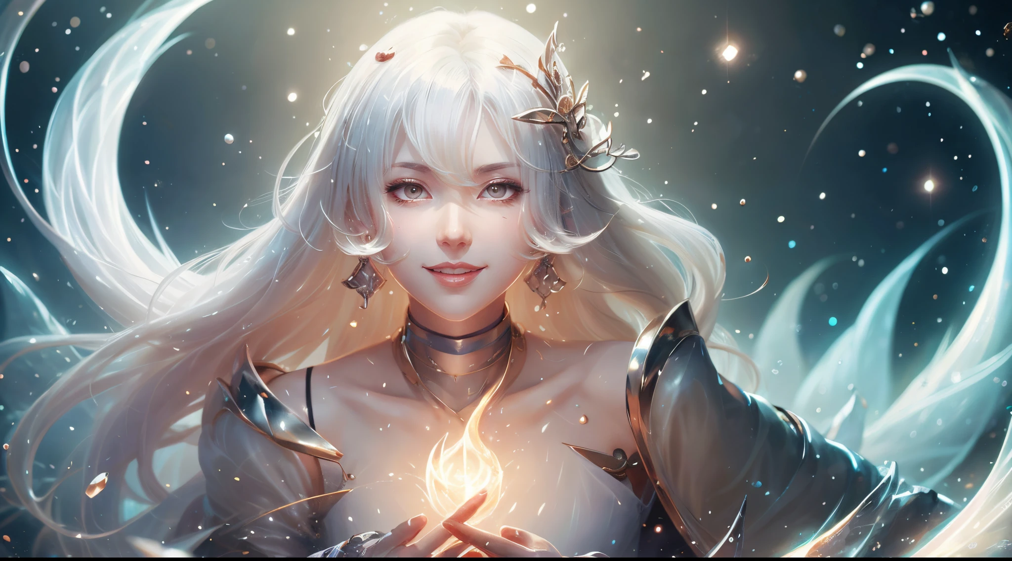 Fantasy Art, white haired god, beautiful character painting, Guvez style artwork, Yukionna's dazzling gaze, guweiz, long white hair, Flowing hair and robes, cute large eyes, Illustrations, fine lines, dark colored、a smile