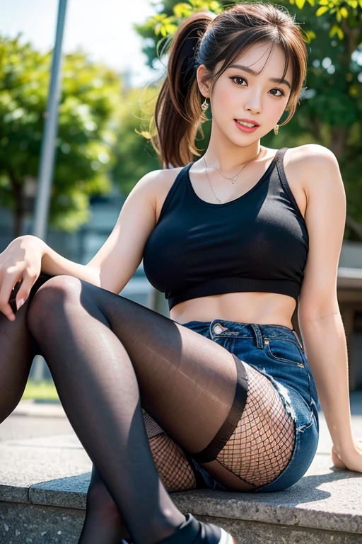 (Masterpiece: 1.3), (8K, Photorealistic, RAW Photography, Best Quality: 1.4), Japan Girls, full body, Standard Body Shape: 1.3, (ponytail Hairstyle: 1.2), Ultra Detail Face, Eyes of Detail, Double Eyelids, 20 years old girl, , ((sitting, crossed legs)) Super Detail Armpits, Slouching Breasts, Sharp Focus: 1.2, Pretty Women: 1.4, Light Brown Hair, Top Quality, wink, blushing, Masterpiece, teeth, round earrings, open mouth, Ultra high resolution, (photorealistic: 1.4), very detailed and professional lighting smile, playground background, thirt black tank, ((underboob)), ((fishnet pantyhose)), ((black converse shoes)), short blue jeans. View from down, point of view from down