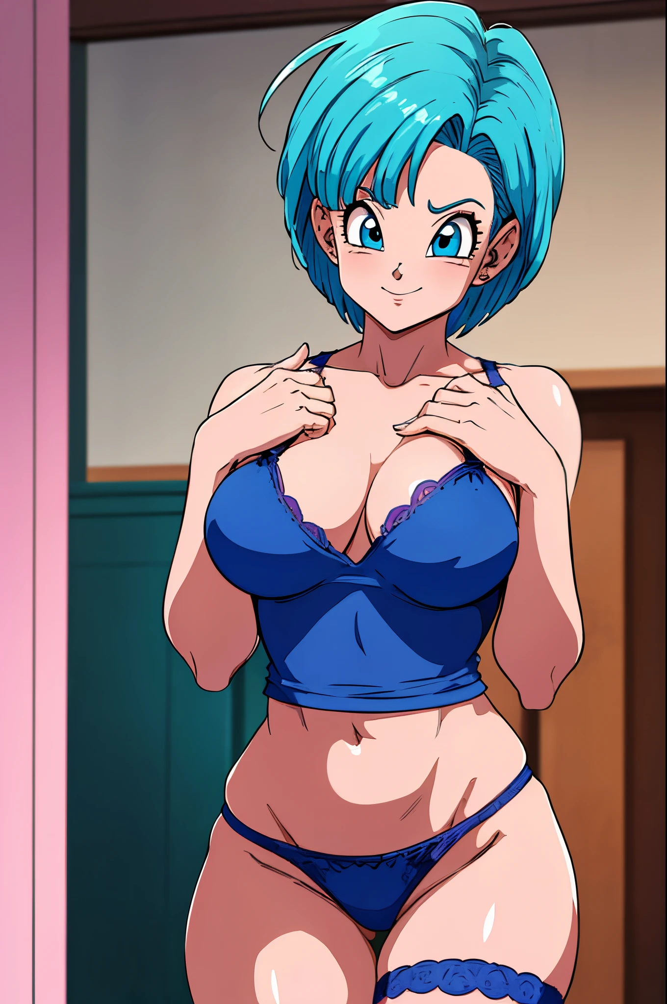 k hd, 8K, Detailed body, 详细的脸, Place your hands behind your back, Bulma in Dragon Ball Z, dark strong blue eye, ((Pink lingerie)), Bedrooms, ((mediuml breasts)), skiny and thin, body proportions equal, ((Focus on the breasts)), Front view, four fingers and 1 thumb, ((2 hand)), Blue hair, belo sorriso, smiling at viewer, blushed cheeks,