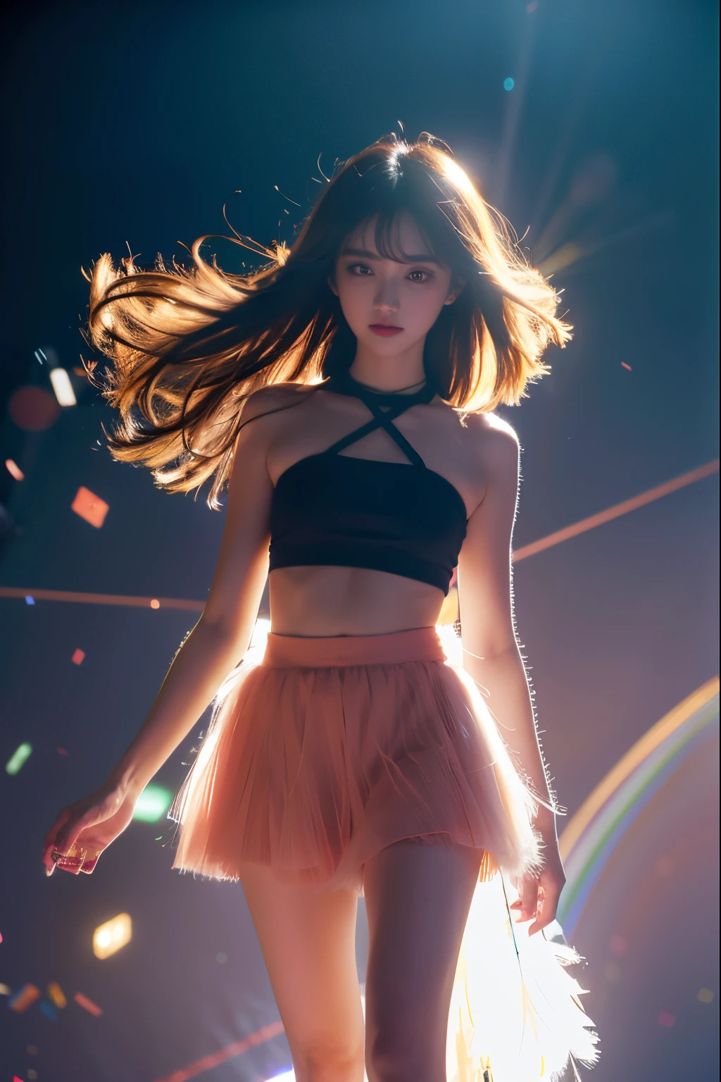 The fluffy skirt is very stylish，Catwalk style，slim and beautiful，Colorful light and shadow，Particle tracing，Orange eyes